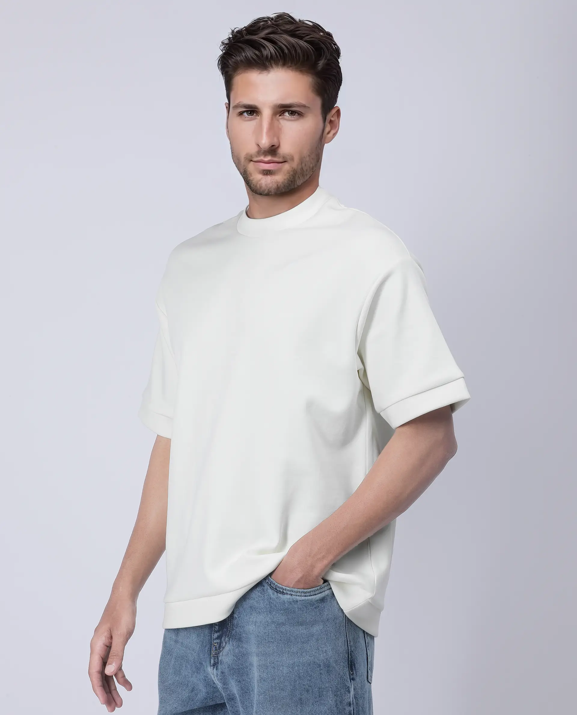 Rare Rabbit Men's Lauch Off White Cotton Blend Plain Oversized Fit Half Sleeve Crew Neck T-Shirt - Image 8
