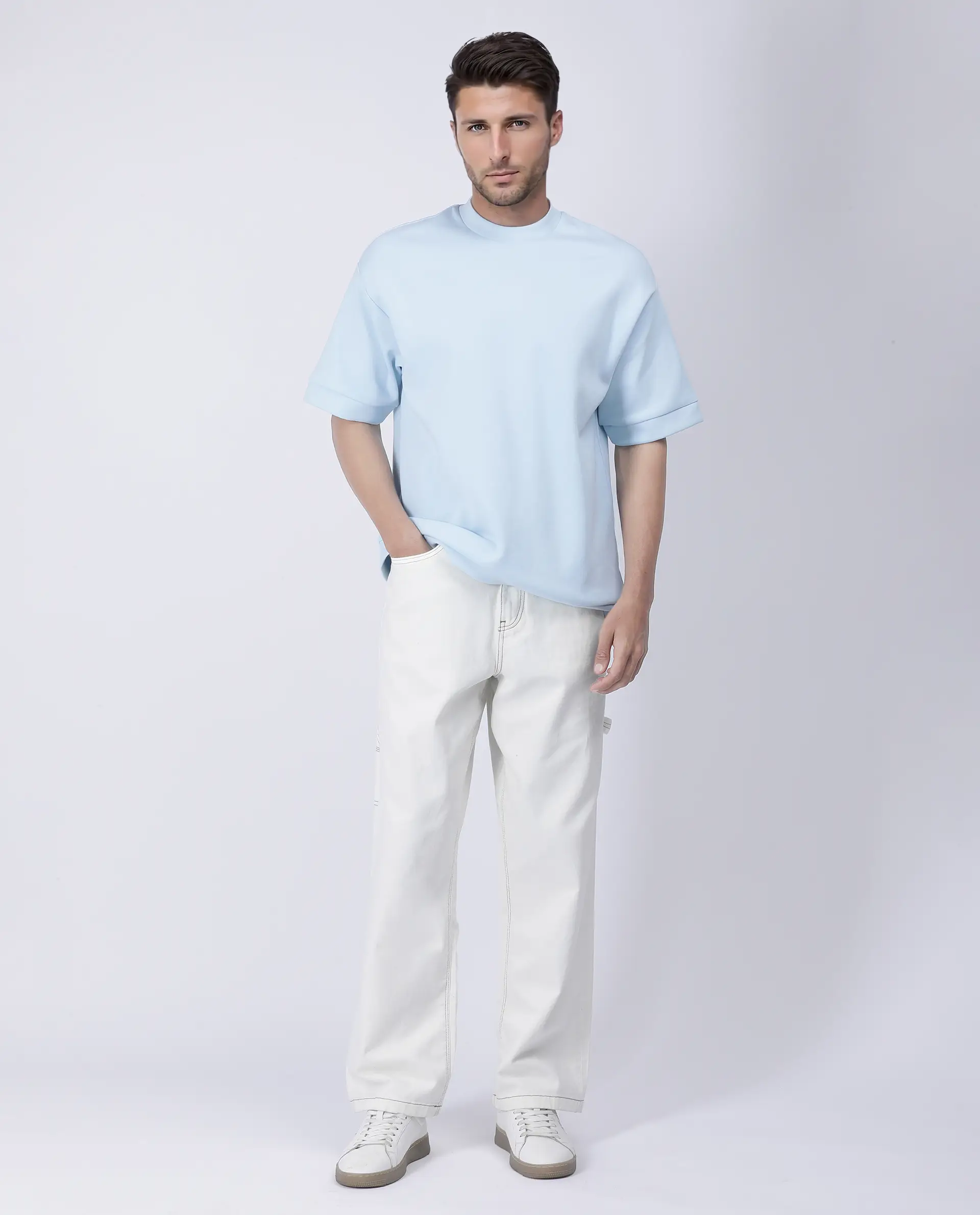 Rare Rabbit Men's Lauch Pastel Blue Cotton Blend Plain Oversized Fit Half Sleeve Crew Neck T-Shirt - Image 2