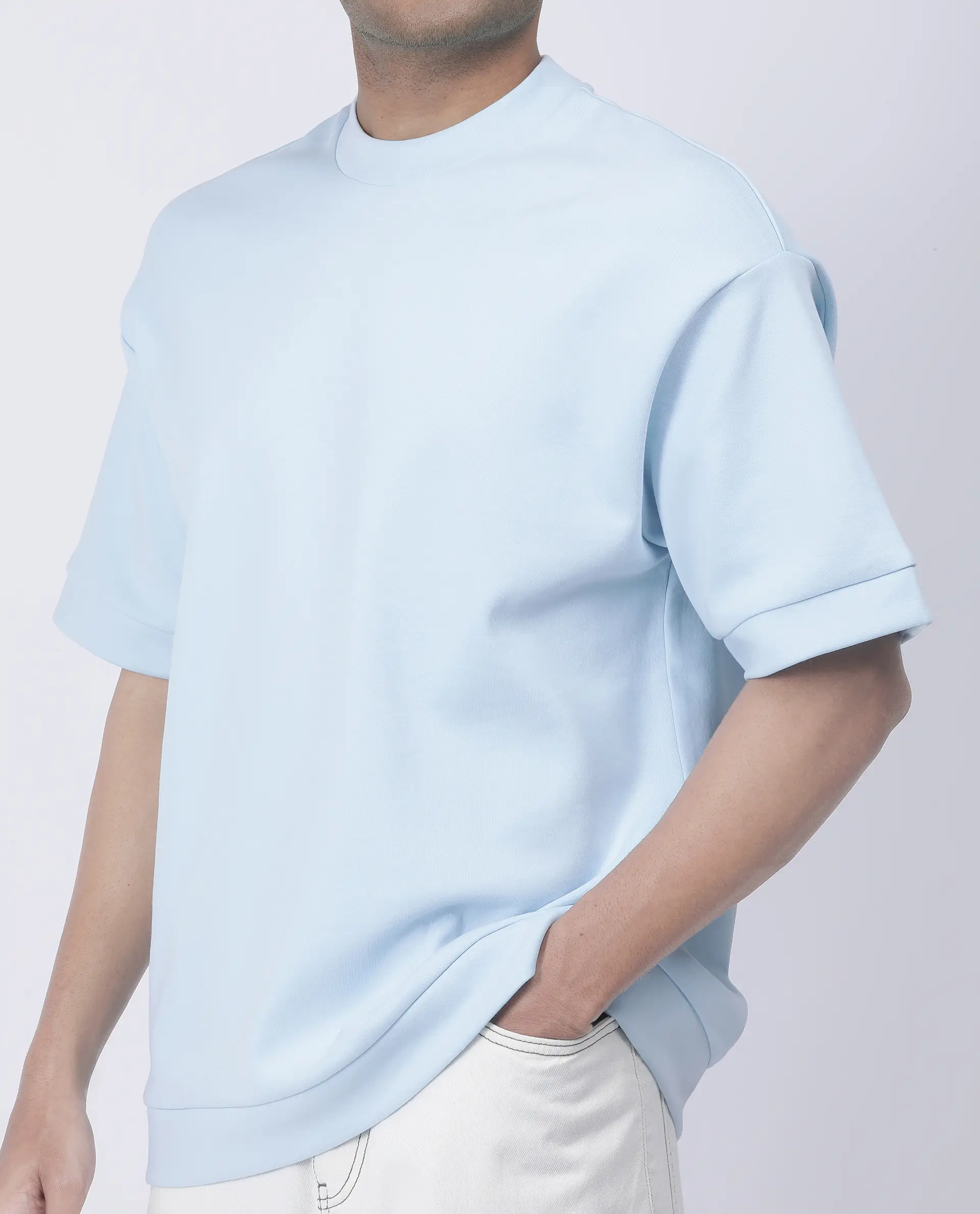 Rare Rabbit Men's Lauch Pastel Blue Cotton Blend Plain Oversized Fit Half Sleeve Crew Neck T-Shirt - Image 3