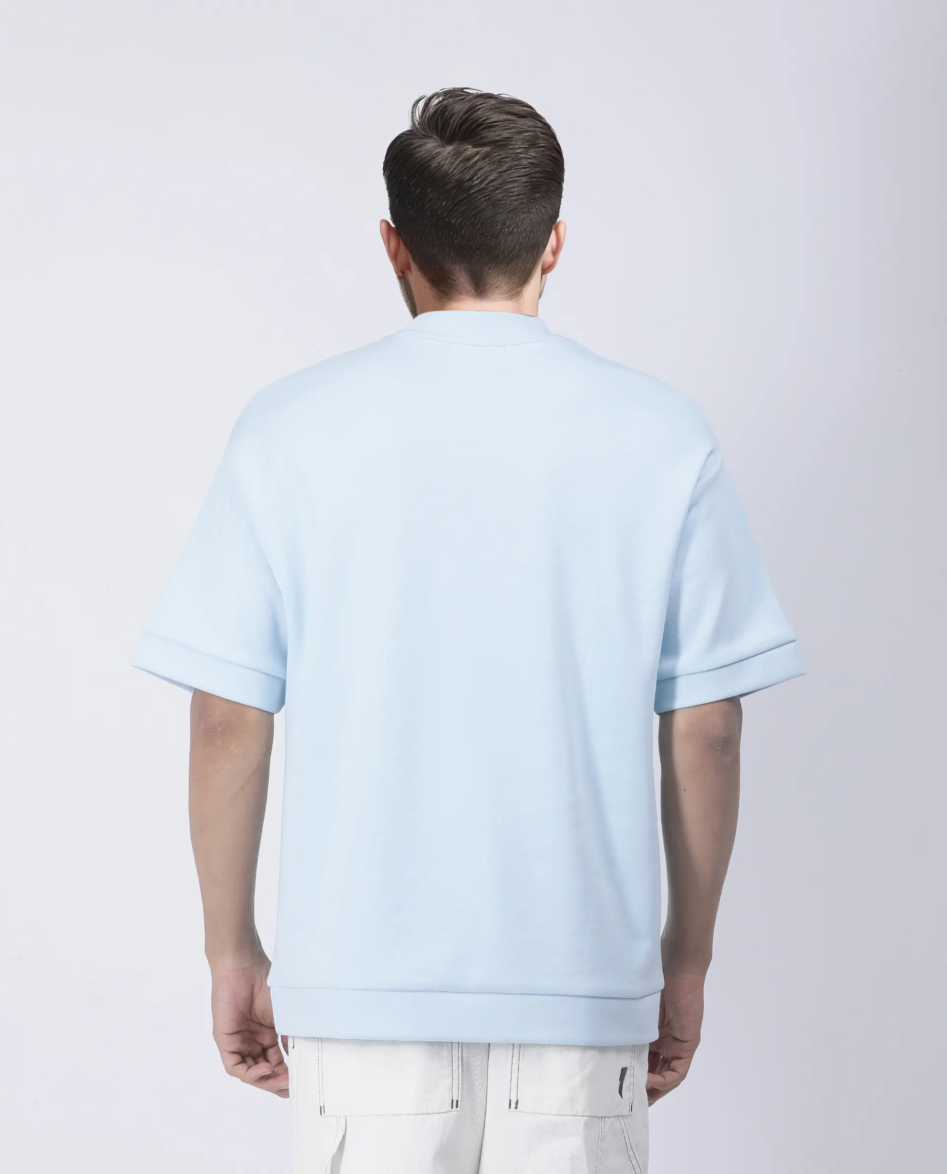 Rare Rabbit Men's Lauch Pastel Blue Cotton Blend Plain Oversized Fit Half Sleeve Crew Neck T-Shirt - Image 4