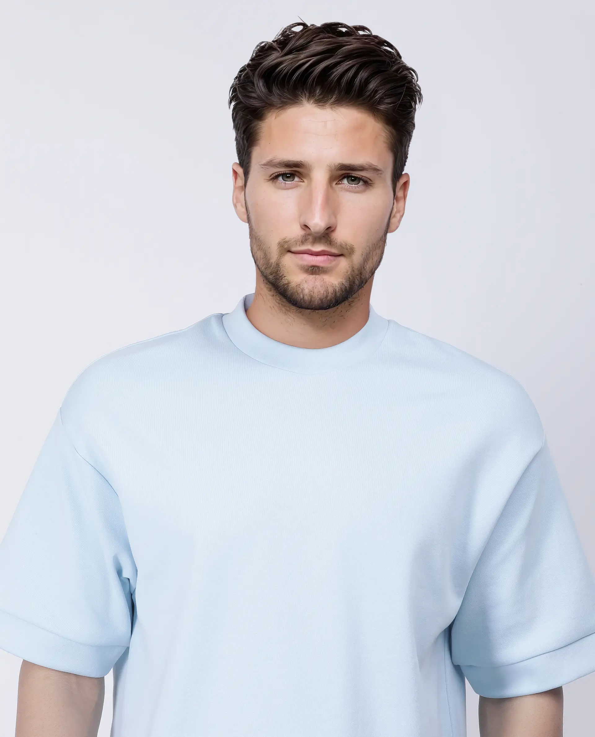 Rare Rabbit Men's Lauch Pastel Blue Cotton Blend Plain Oversized Fit Half Sleeve Crew Neck T-Shirt - Image 6
