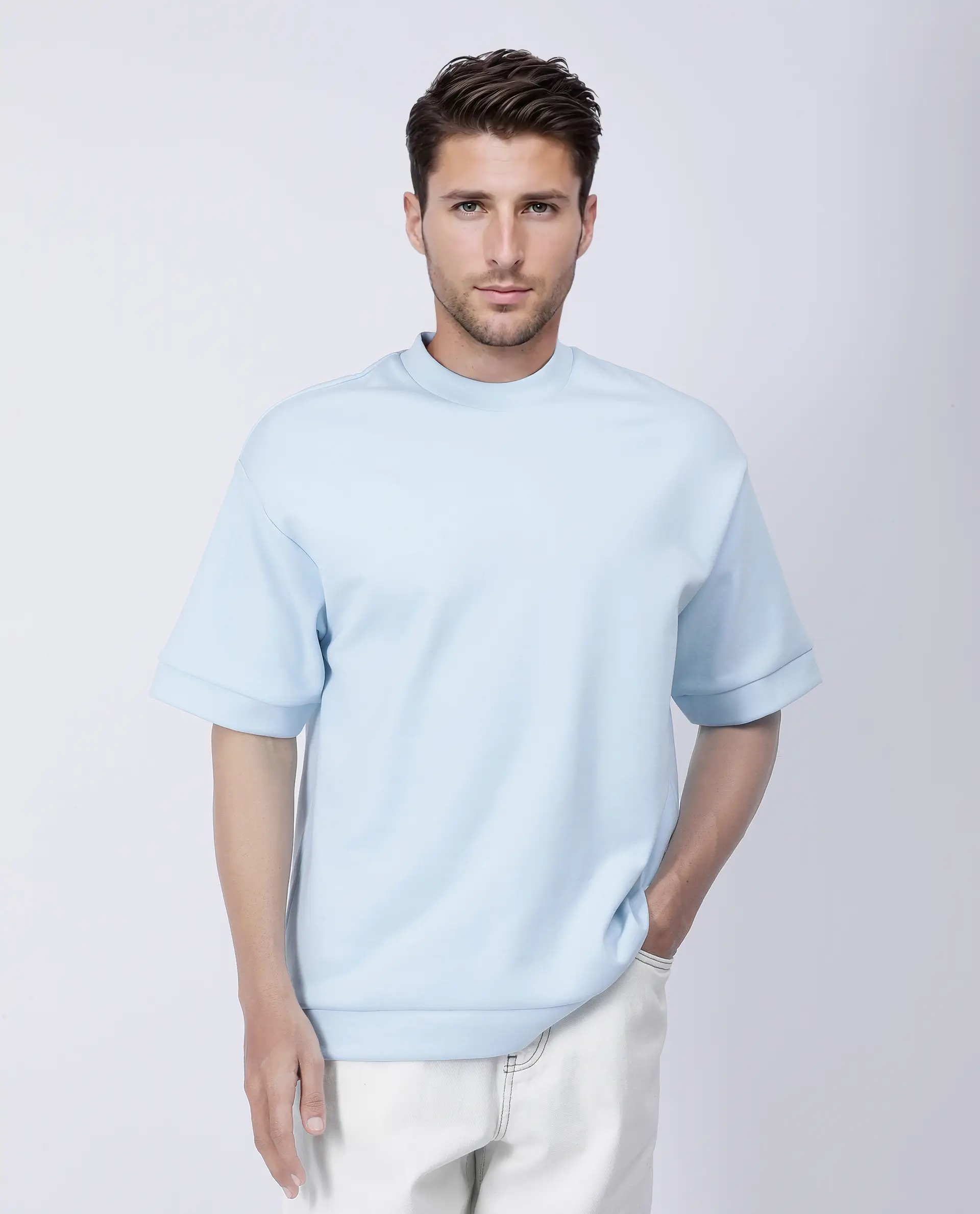 Rare Rabbit Men's Lauch Pastel Blue Cotton Blend Plain Oversized Fit Half Sleeve Crew Neck T-Shirt - Image 7