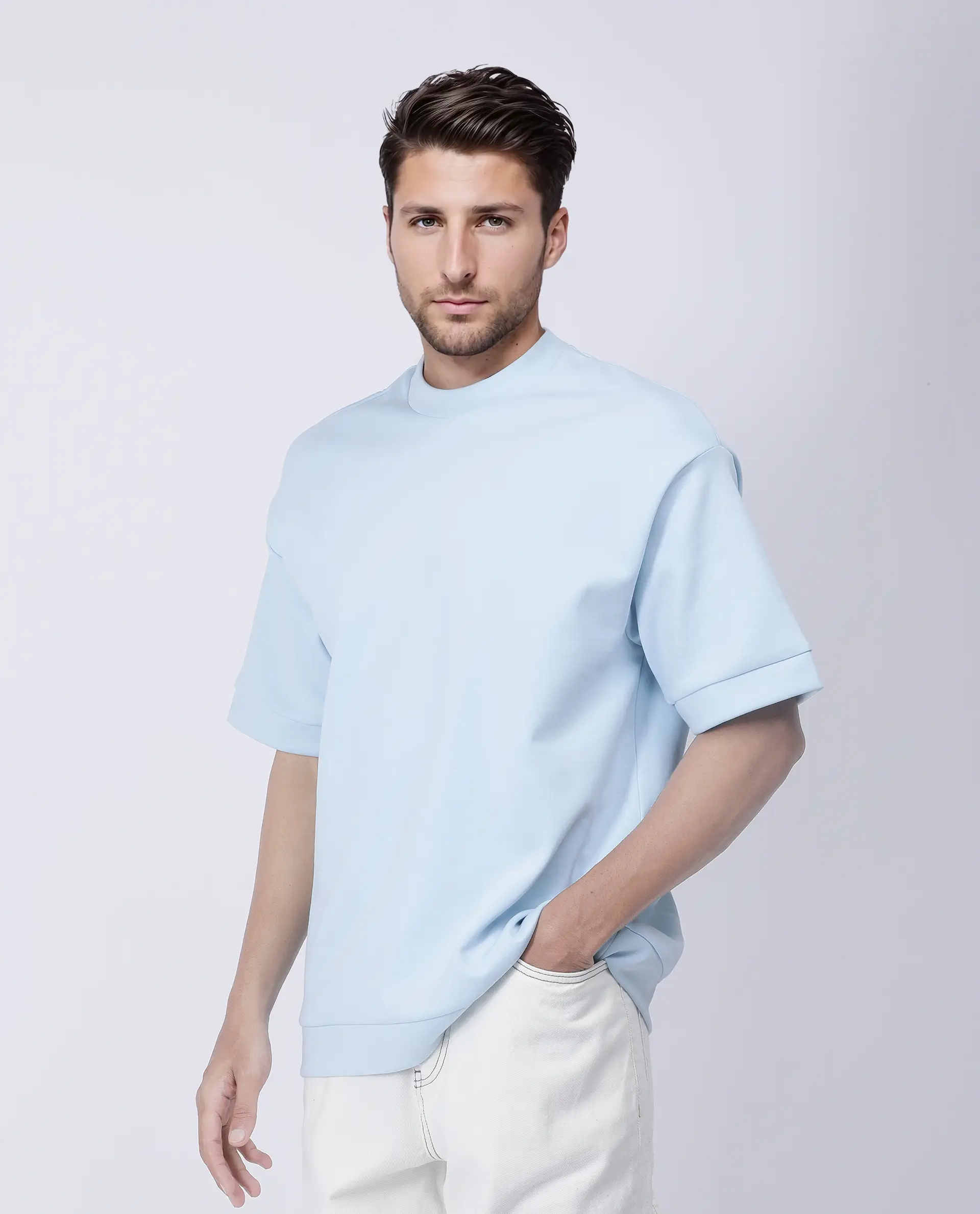 Rare Rabbit Men's Lauch Pastel Blue Cotton Blend Plain Oversized Fit Half Sleeve Crew Neck T-Shirt - Image 8