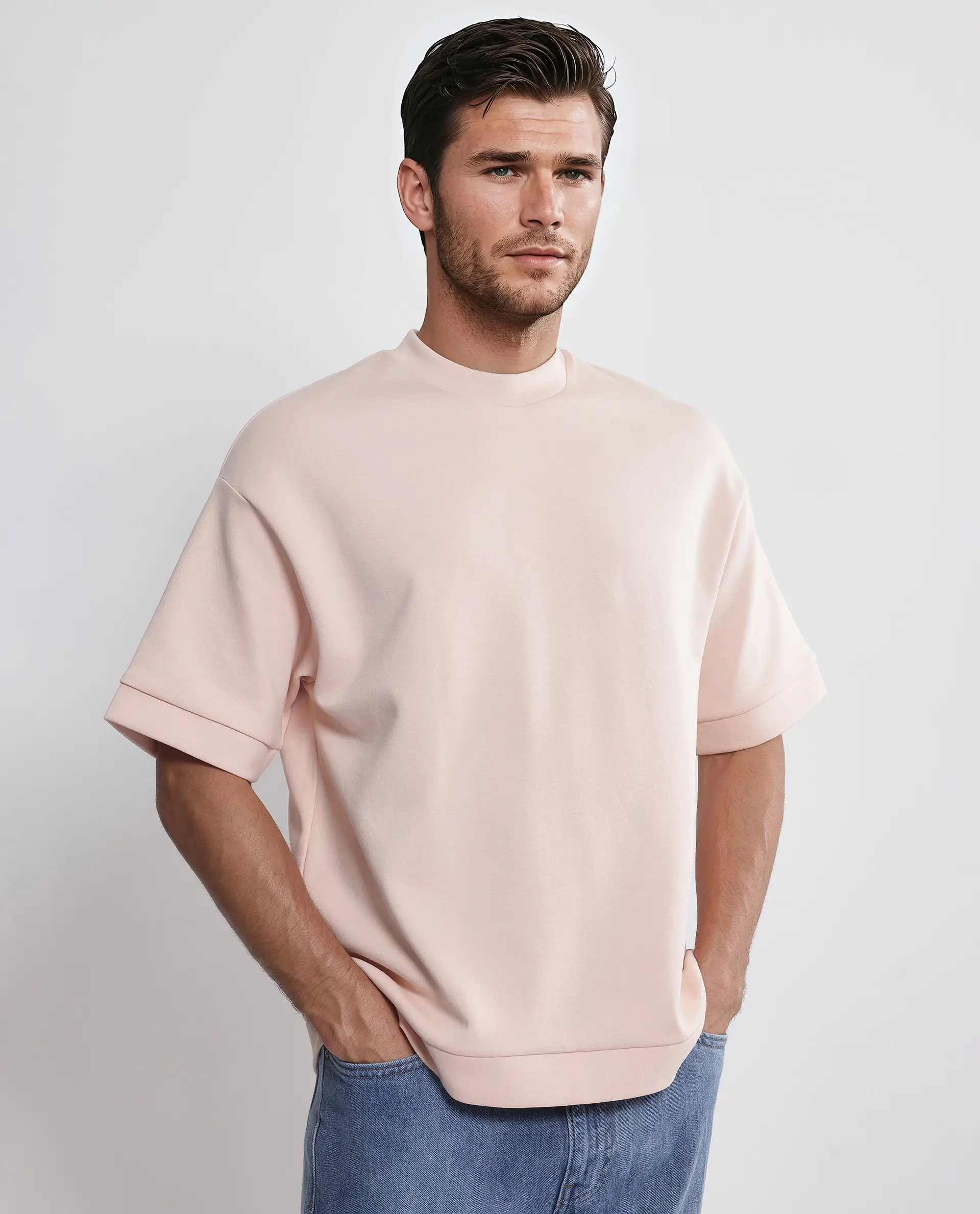 Rare Rabbit Men's Lauch Pastel Orange Cotton Blend Plain Oversized Fit Half Sleeve Crew Neck T-Shirt