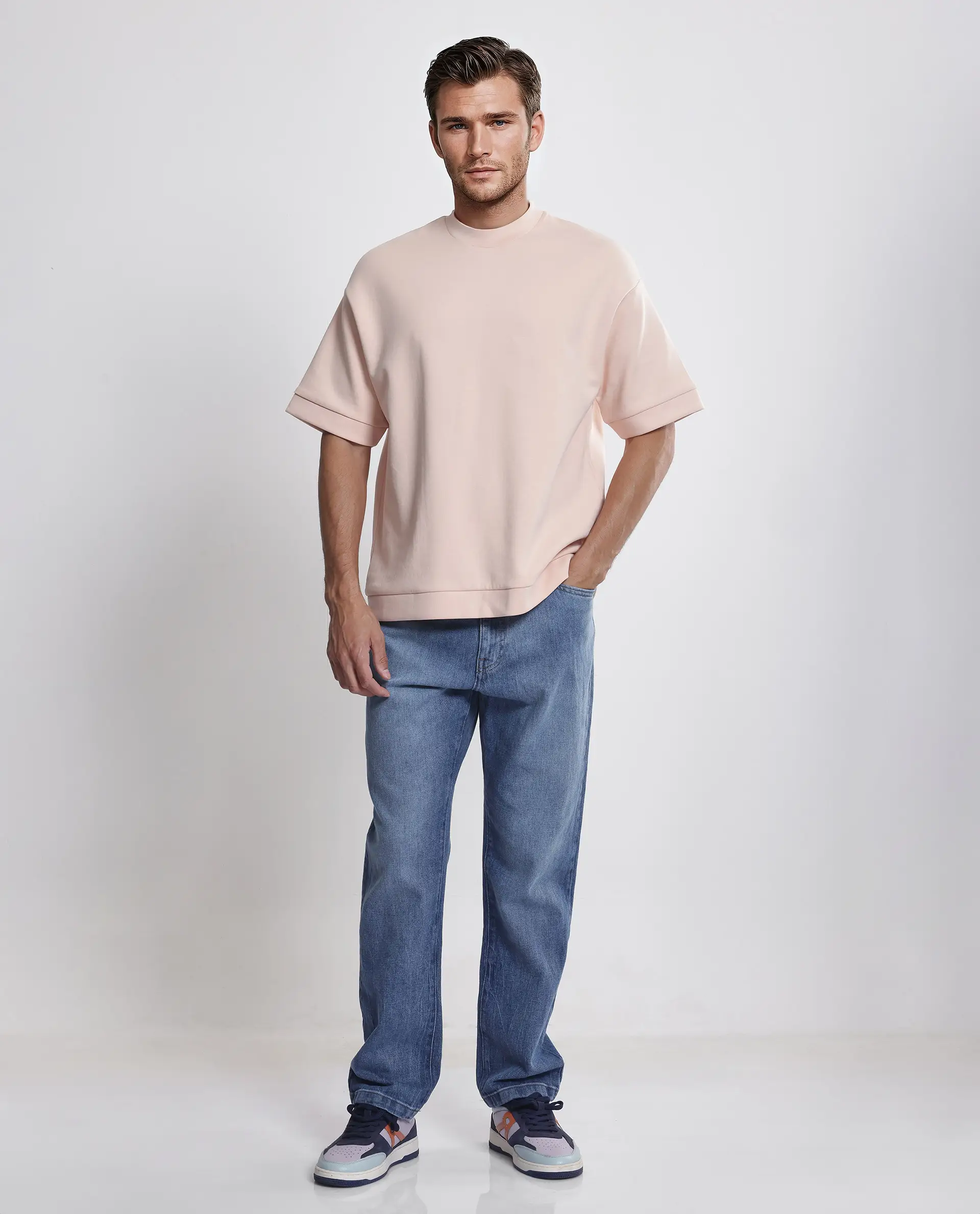 Rare Rabbit Men's Lauch Pastel Orange Cotton Blend Plain Oversized Fit Half Sleeve Crew Neck T-Shirt - Image 2