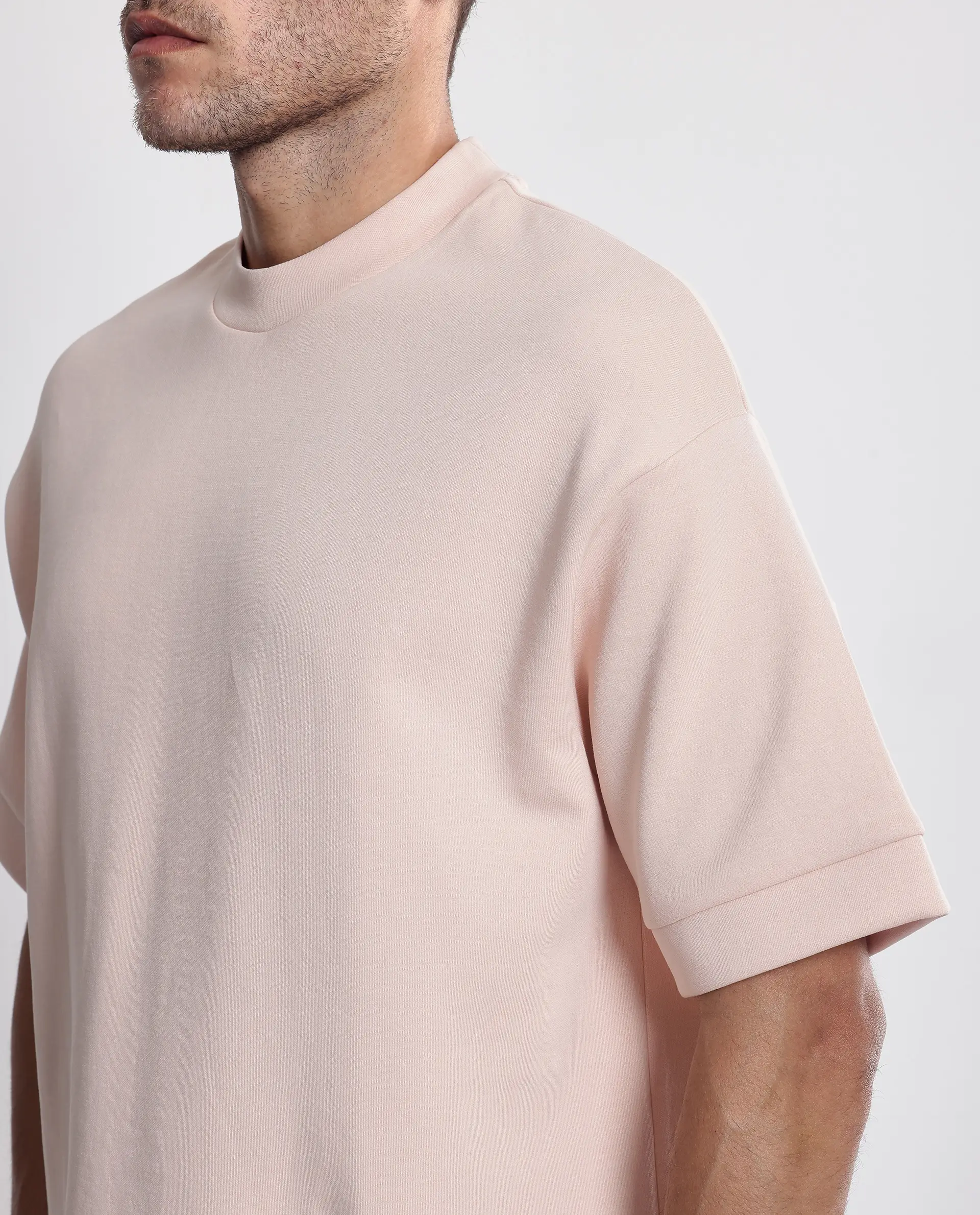 Rare Rabbit Men's Lauch Pastel Orange Cotton Blend Plain Oversized Fit Half Sleeve Crew Neck T-Shirt - Image 3