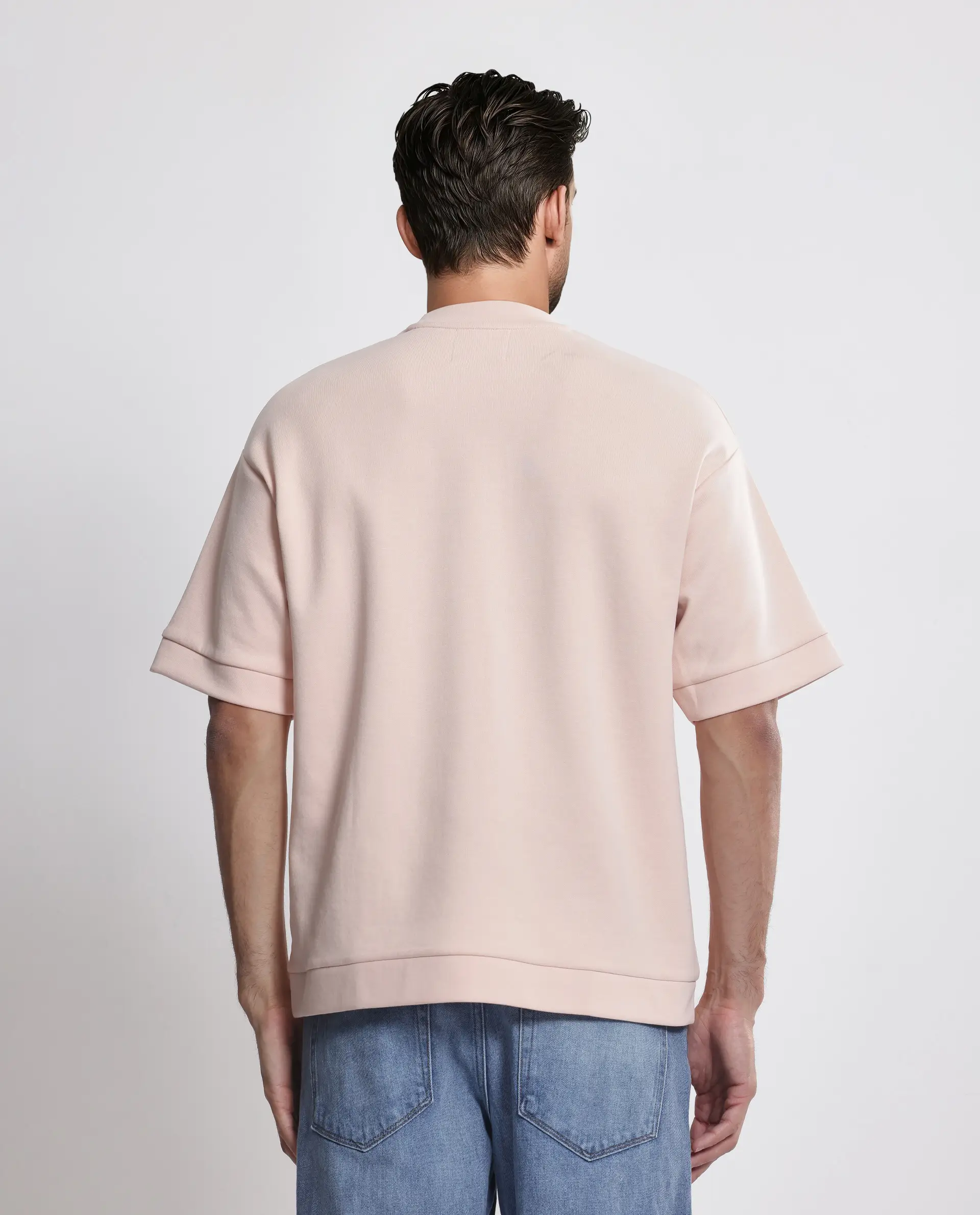 Rare Rabbit Men's Lauch Pastel Orange Cotton Blend Plain Oversized Fit Half Sleeve Crew Neck T-Shirt - Image 4