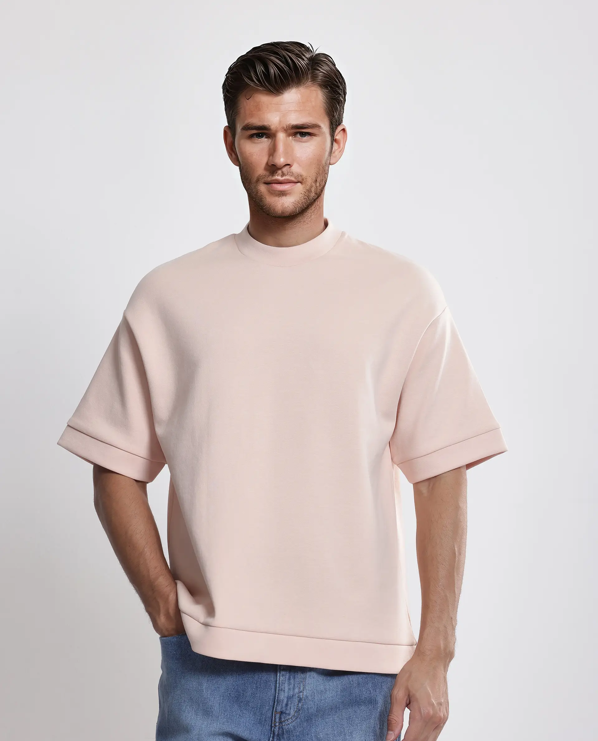 Rare Rabbit Men's Lauch Pastel Orange Cotton Blend Plain Oversized Fit Half Sleeve Crew Neck T-Shirt - Image 5