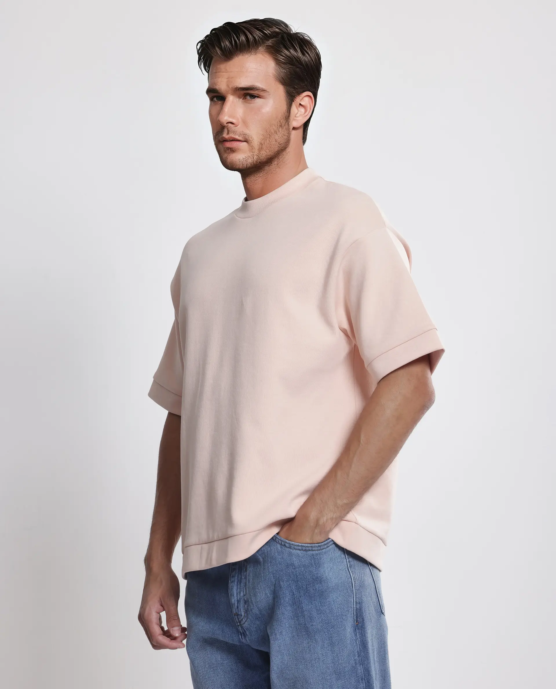 Rare Rabbit Men's Lauch Pastel Orange Cotton Blend Plain Oversized Fit Half Sleeve Crew Neck T-Shirt - Image 6