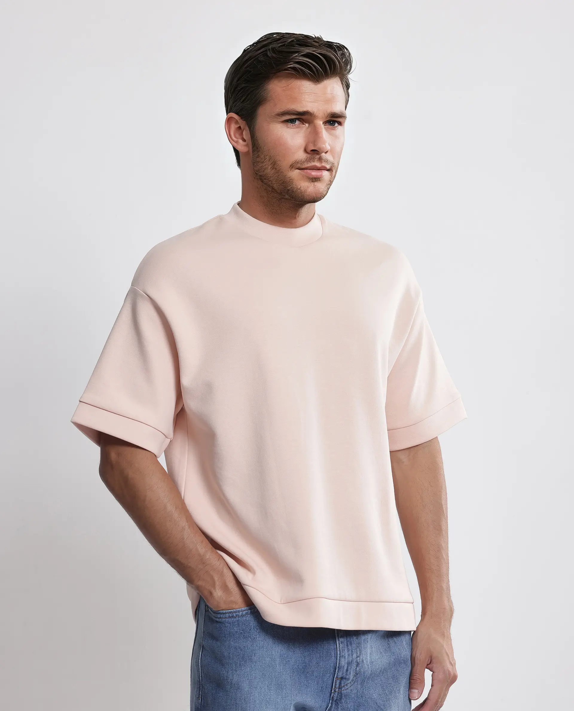 Rare Rabbit Men's Lauch Pastel Orange Cotton Blend Plain Oversized Fit Half Sleeve Crew Neck T-Shirt - Image 7