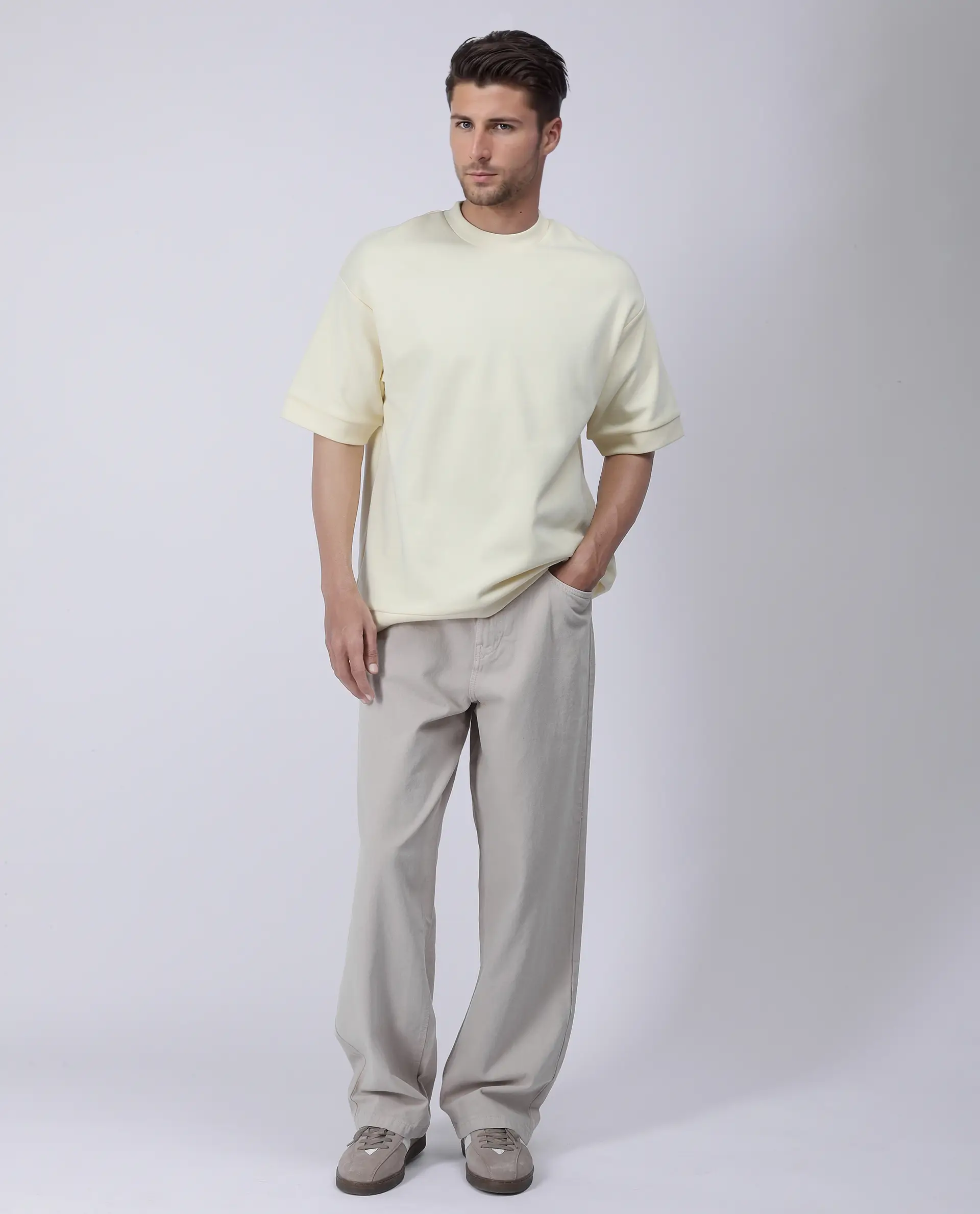 Rare Rabbit Men's Lauch Pastel Yellow Cotton Blend Plain Oversized Fit Half Sleeve Crew Neck T-Shirt - Image 2