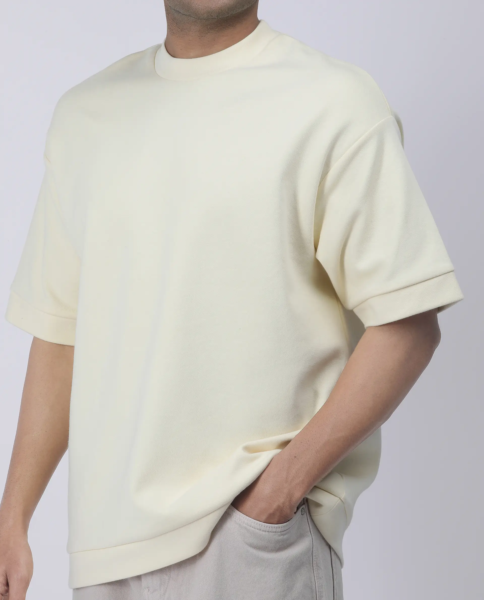Rare Rabbit Men's Lauch Pastel Yellow Cotton Blend Plain Oversized Fit Half Sleeve Crew Neck T-Shirt - Image 3