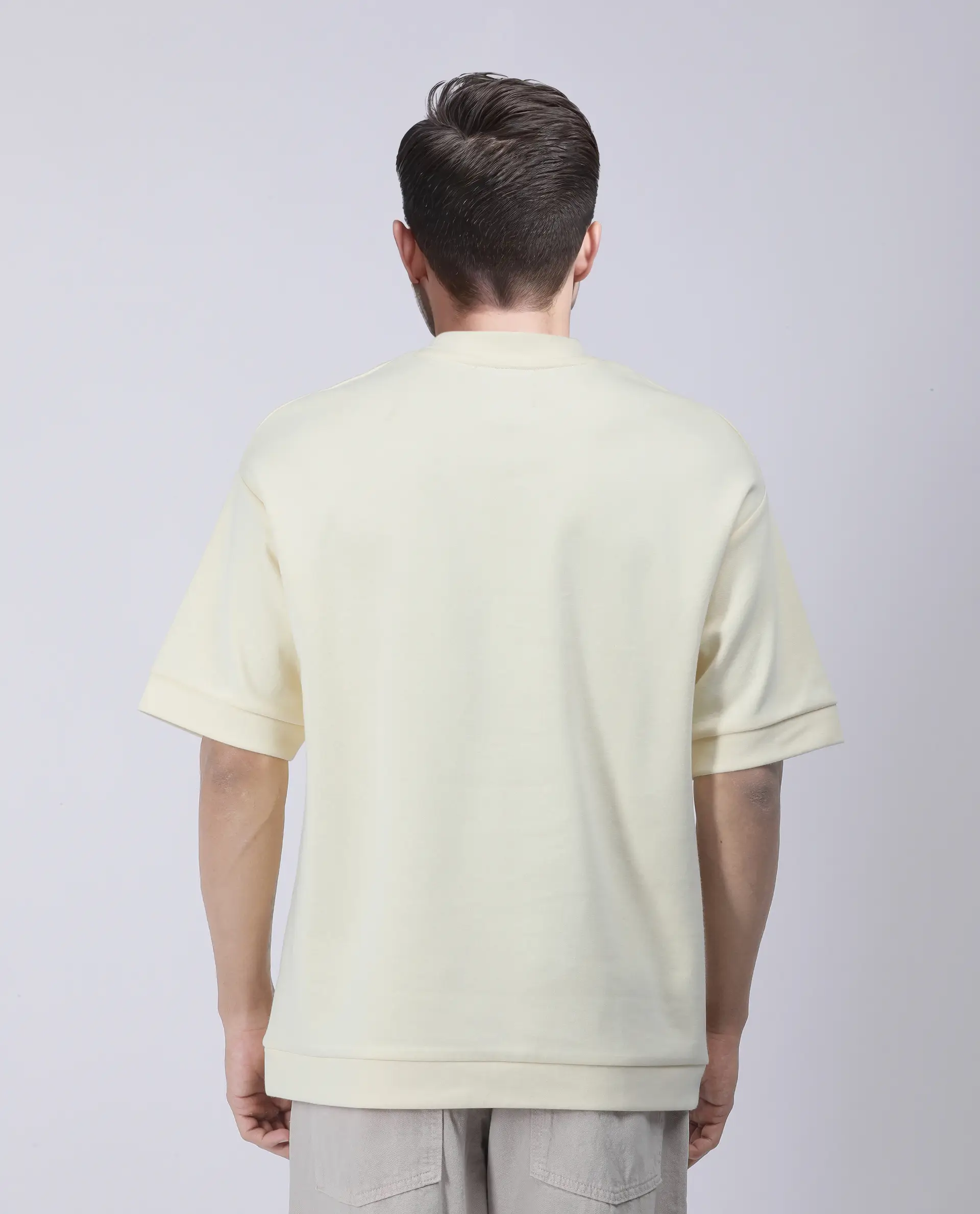 Rare Rabbit Men's Lauch Pastel Yellow Cotton Blend Plain Oversized Fit Half Sleeve Crew Neck T-Shirt - Image 4
