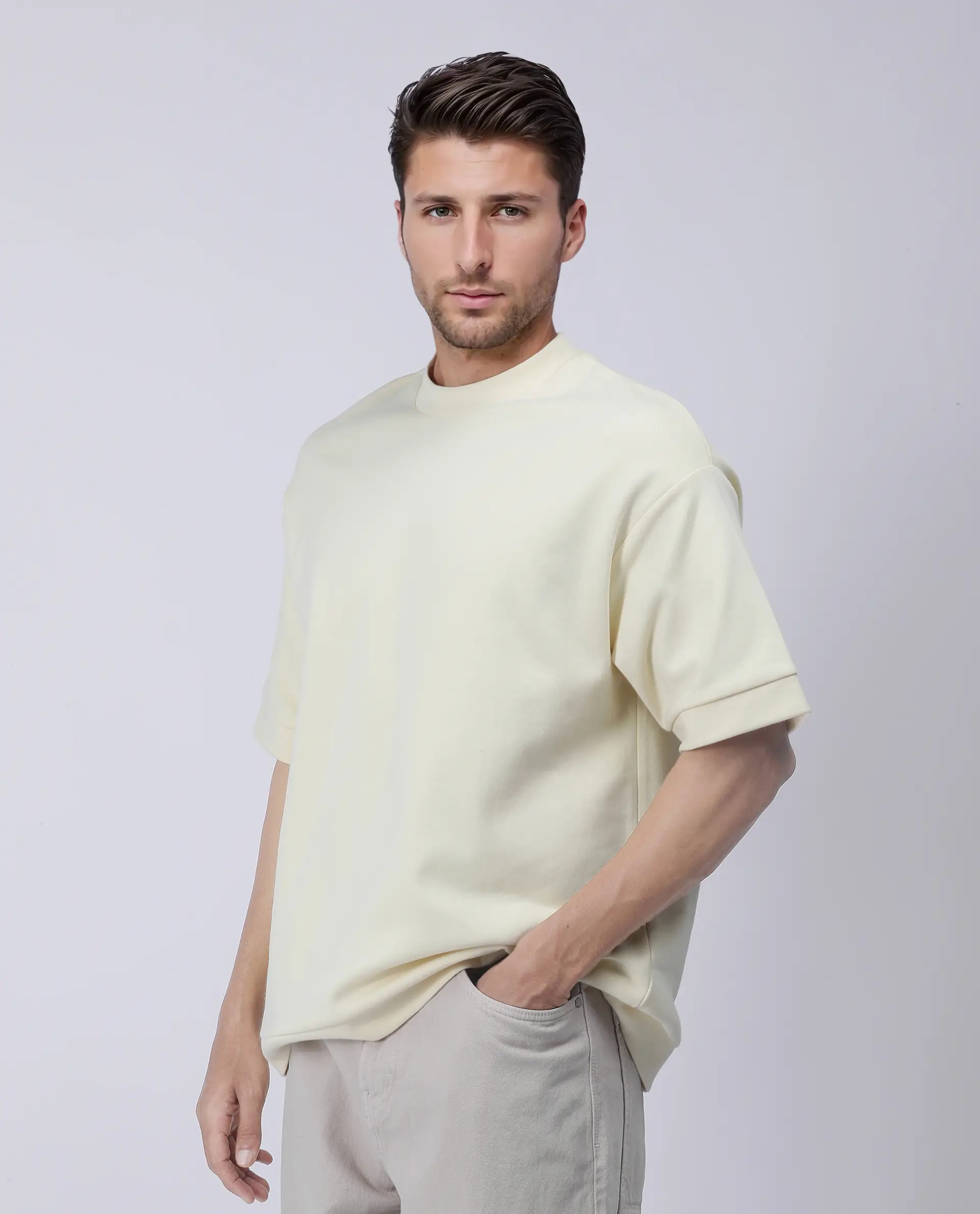 Rare Rabbit Men's Lauch Pastel Yellow Cotton Blend Plain Oversized Fit Half Sleeve Crew Neck T-Shirt - Image 6