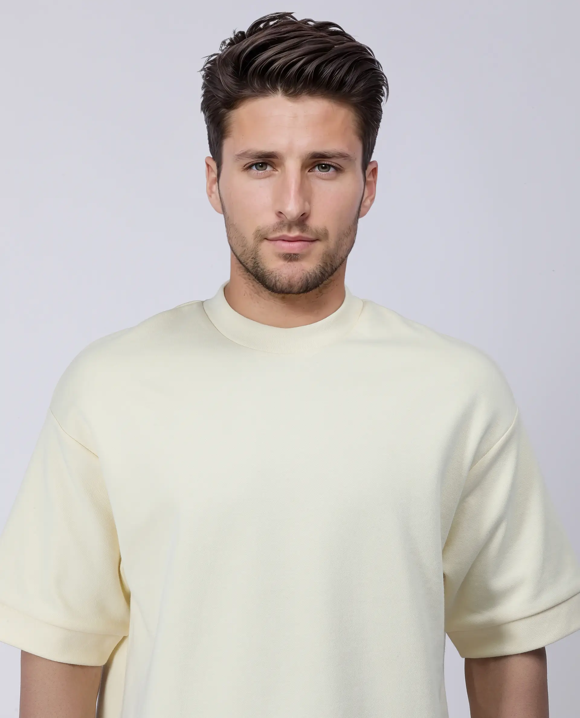 Rare Rabbit Men's Lauch Pastel Yellow Cotton Blend Plain Oversized Fit Half Sleeve Crew Neck T-Shirt - Image 7