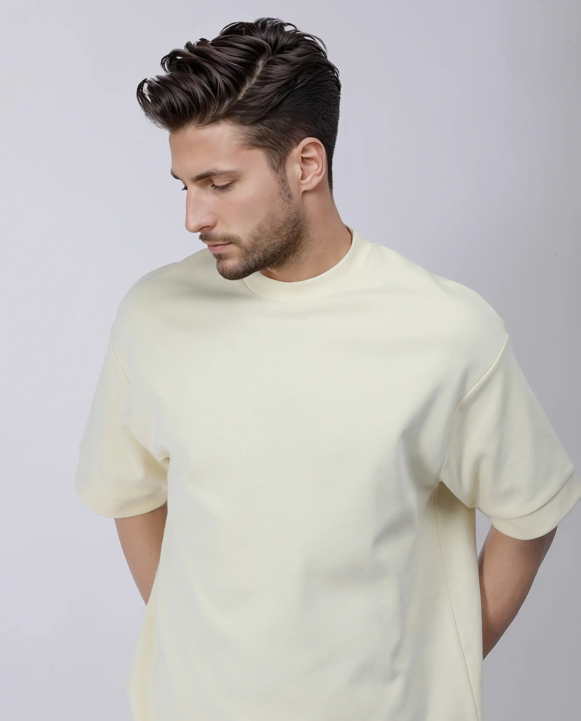 Rare Rabbit Men's Lauch Pastel Yellow Cotton Blend Plain Oversized Fit Half Sleeve Crew Neck T-Shirt - Image 8