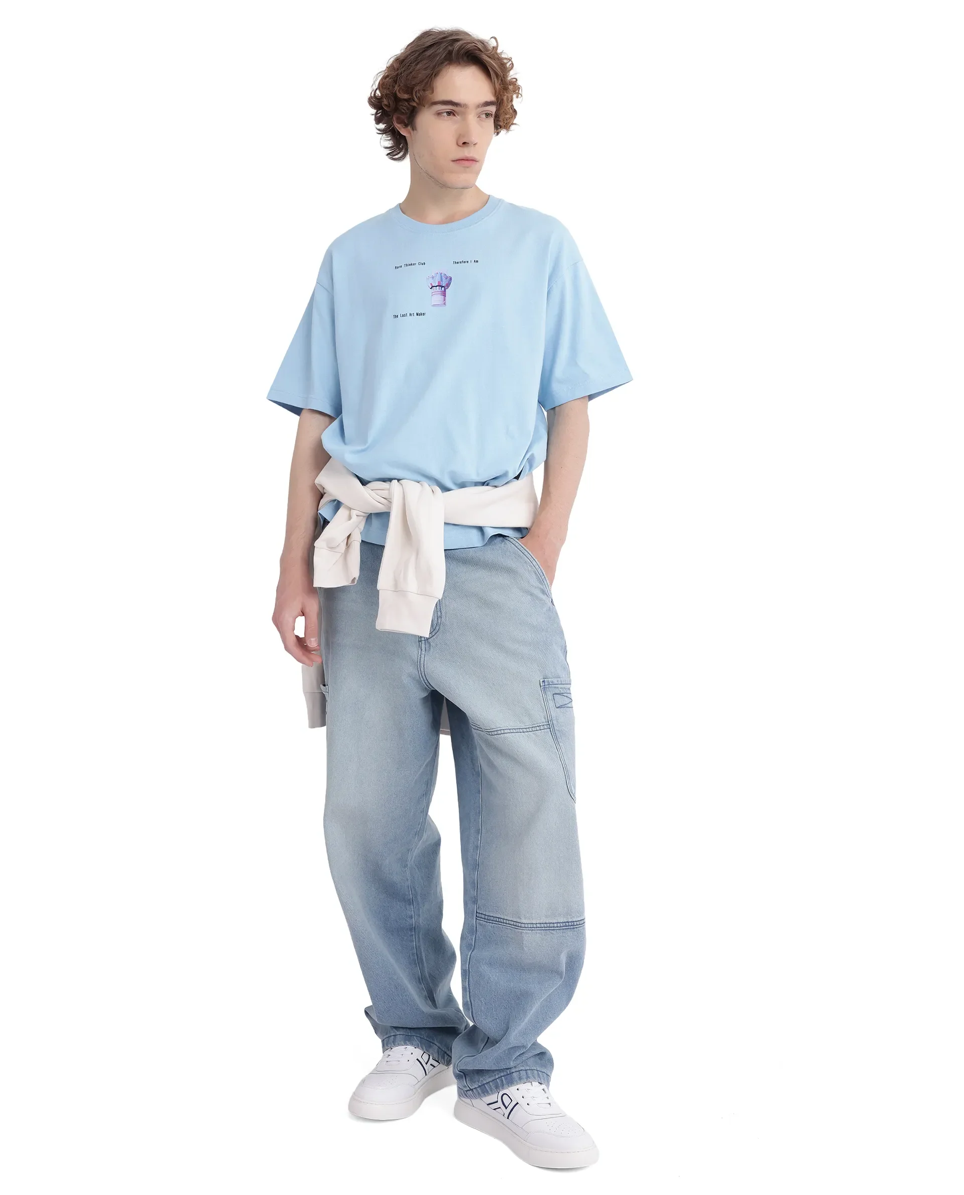 Rare Rabbit Men's Laun Light Blue Cotton Hd Print Oversized Fit Half Sleeve Crew Neck T-Shirt - Image 2