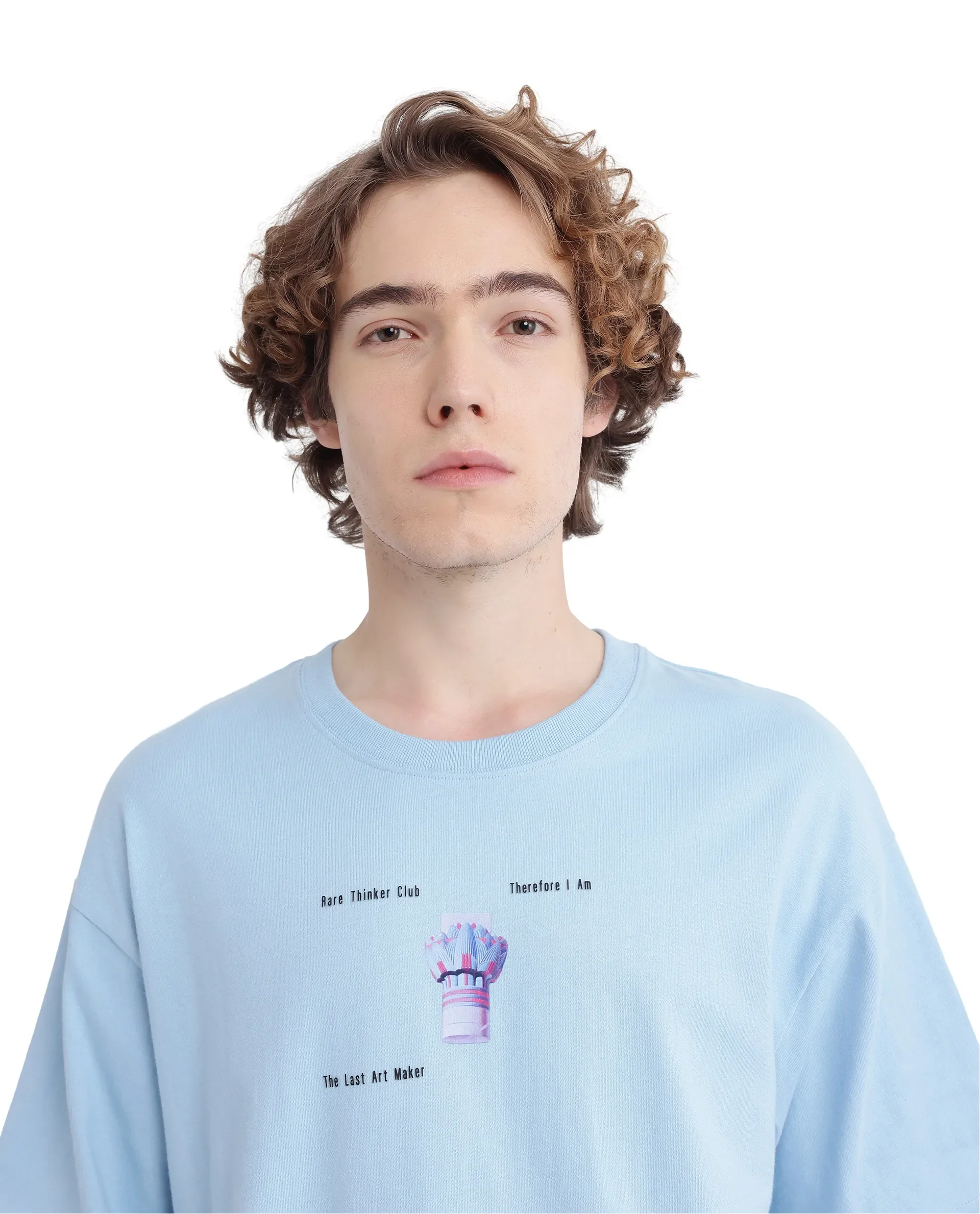 Rare Rabbit Men's Laun Light Blue Cotton Hd Print Oversized Fit Half Sleeve Crew Neck T-Shirt - Image 3
