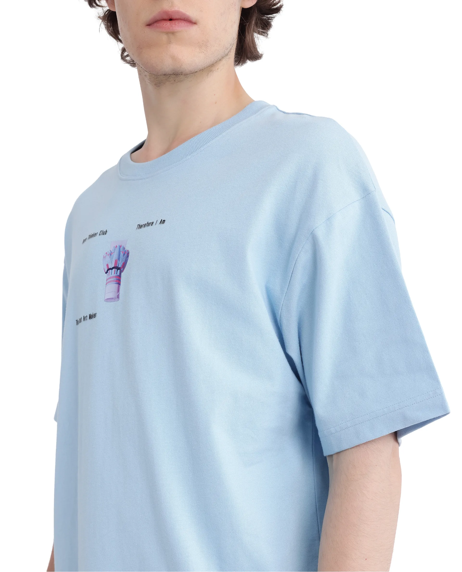 Rare Rabbit Men's Laun Light Blue Cotton Hd Print Oversized Fit Half Sleeve Crew Neck T-Shirt - Image 4