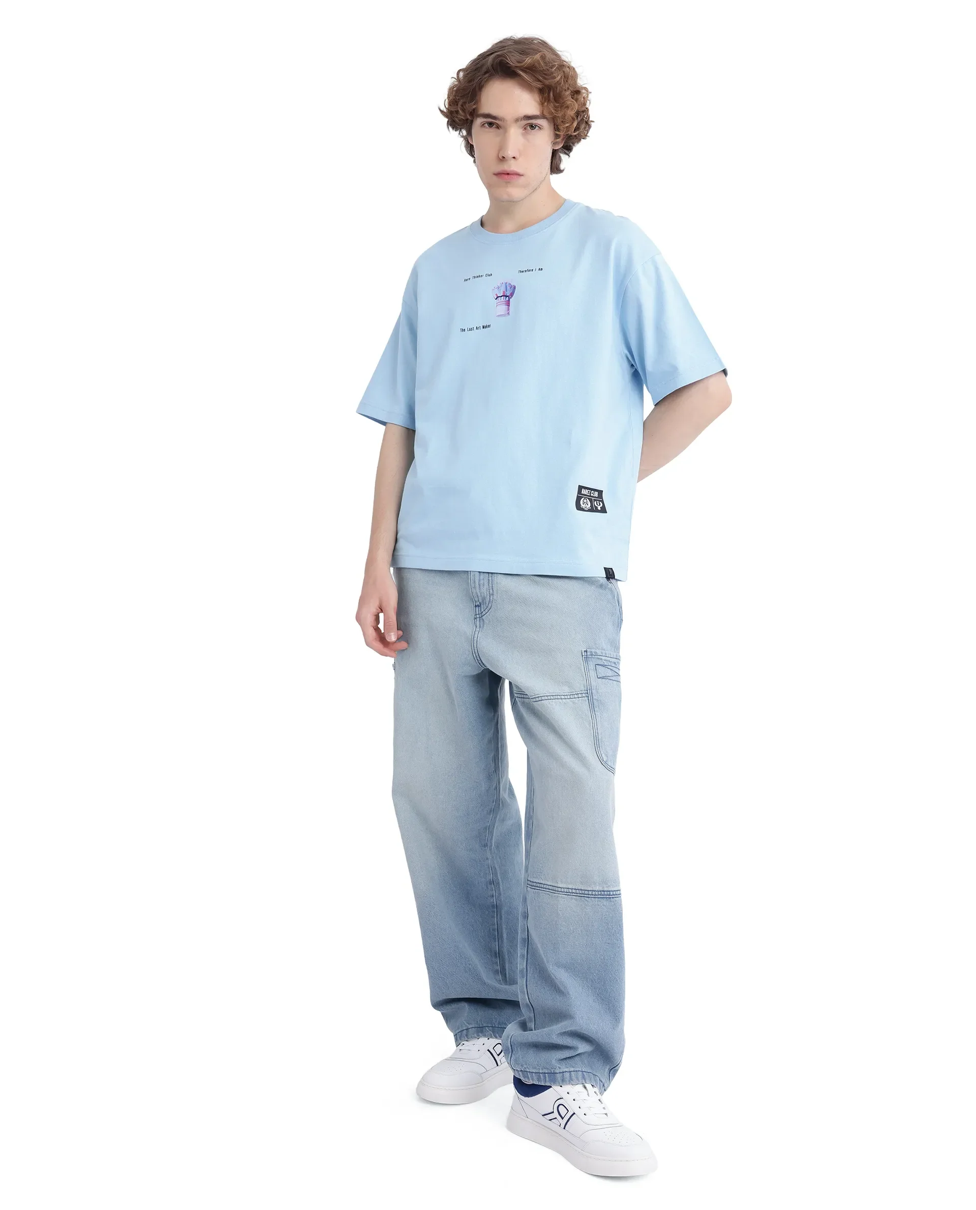 Rare Rabbit Men's Laun Light Blue Cotton Hd Print Oversized Fit Half Sleeve Crew Neck T-Shirt - Image 6