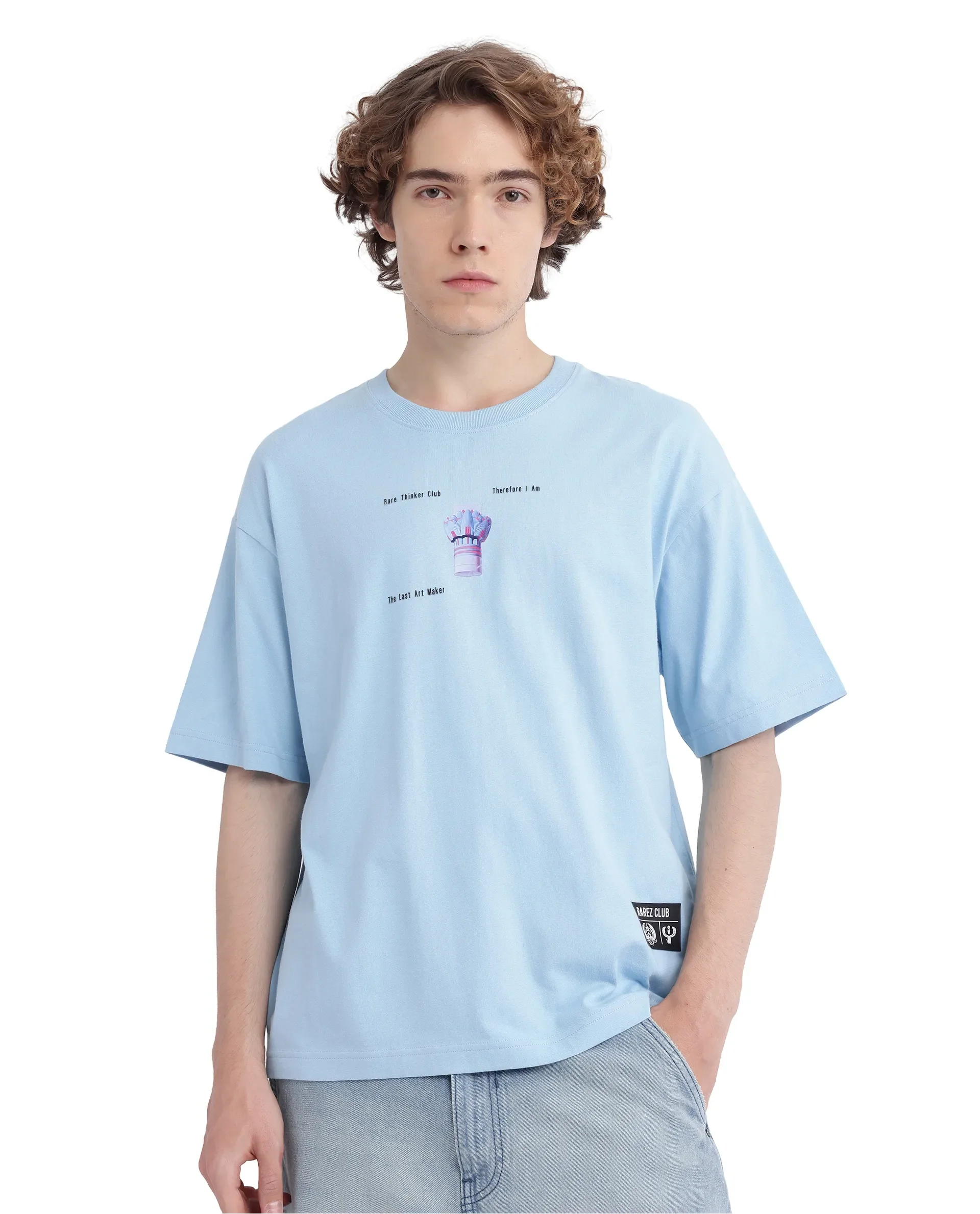 Rare Rabbit Men's Laun Light Blue Cotton Hd Print Oversized Fit Half Sleeve Crew Neck T-Shirt - Image 7
