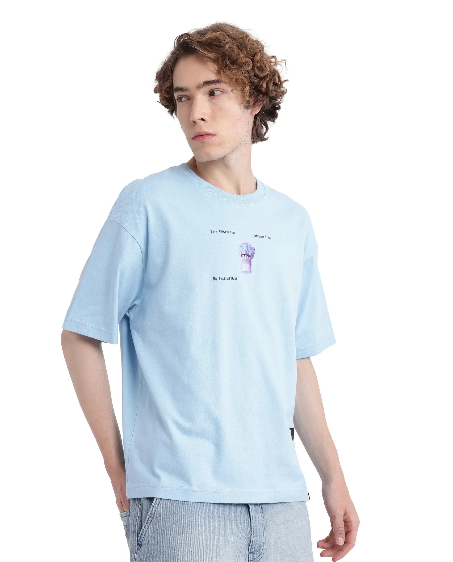 Rare Rabbit Men's Laun Light Blue Cotton Hd Print Oversized Fit Half Sleeve Crew Neck T-Shirt - Image 8