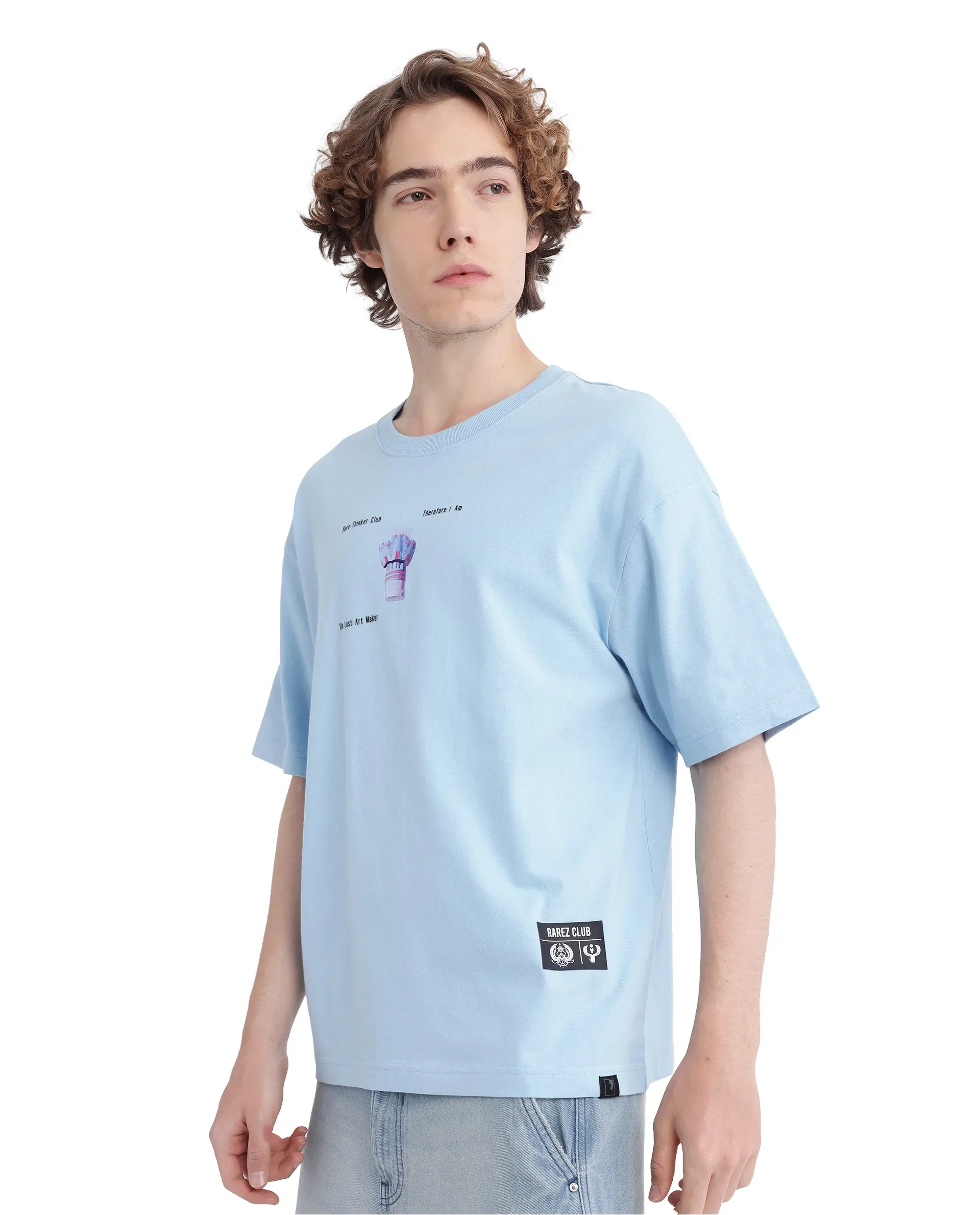 Rare Rabbit Men's Laun Light Blue Cotton Hd Print Oversized Fit Half Sleeve Crew Neck T-Shirt - Image 9