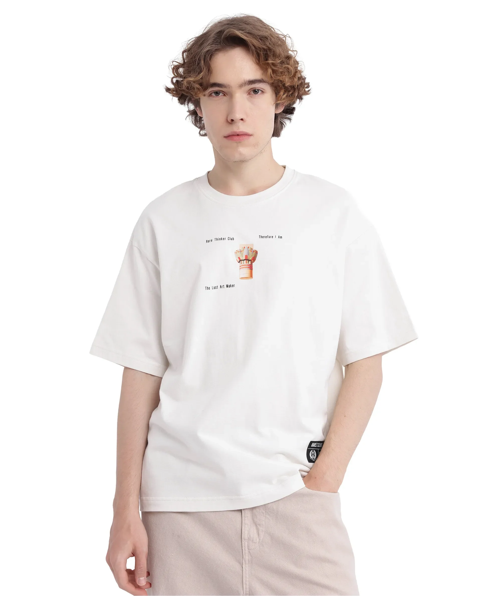 Rare Rabbit Men's Laun Off White Cotton Hd Print Oversized Fit Half Sleeve Crew Neck T-Shirt - Image 5