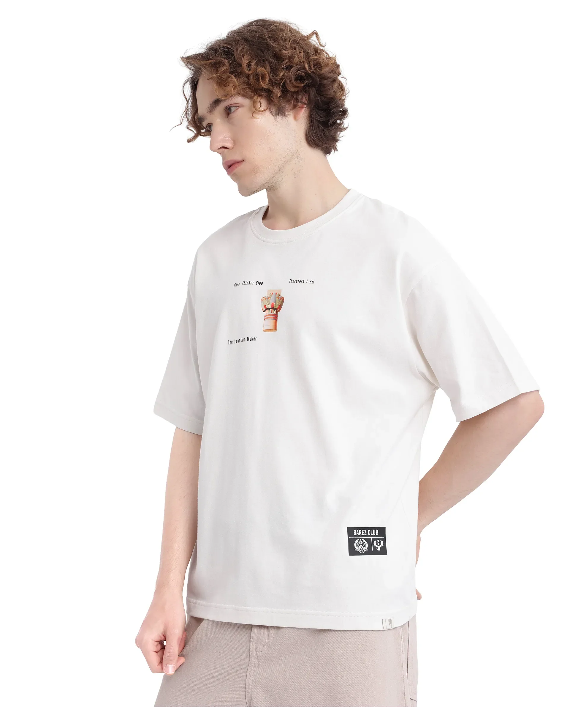 Rare Rabbit Men's Laun Off White Cotton Hd Print Oversized Fit Half Sleeve Crew Neck T-Shirt - Image 6