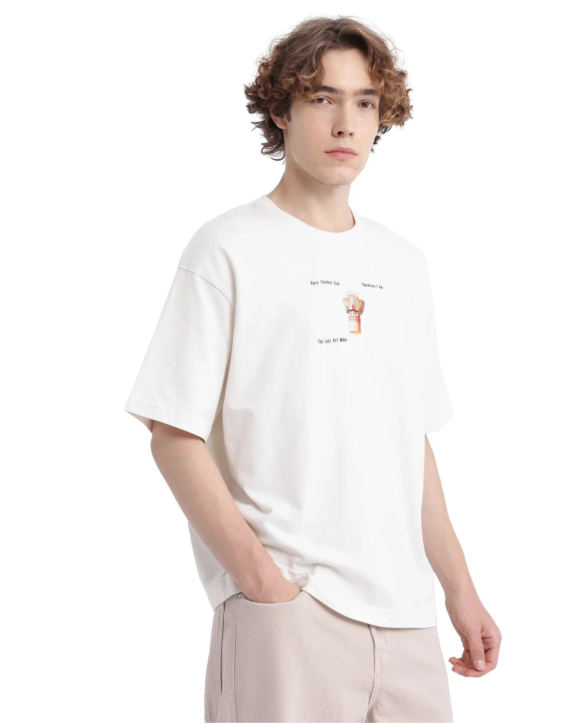 Rare Rabbit Men's Laun Off White Cotton Hd Print Oversized Fit Half Sleeve Crew Neck T-Shirt - Image 7