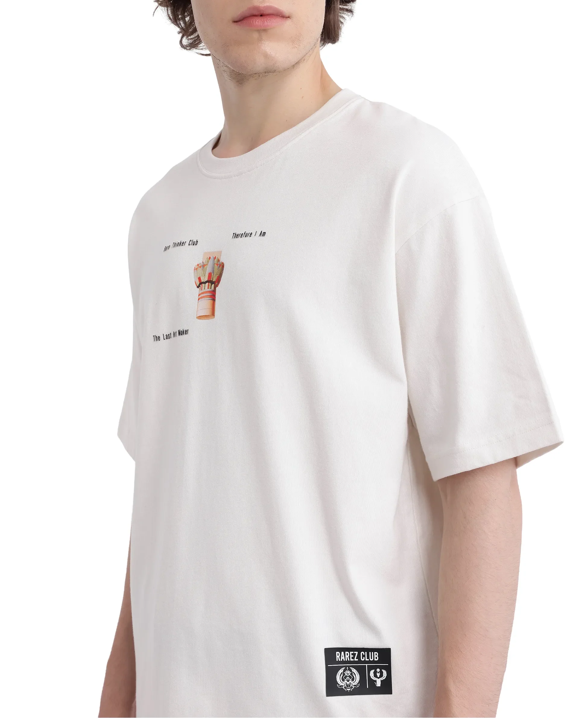 Rare Rabbit Men's Laun Off White Cotton Hd Print Oversized Fit Half Sleeve Crew Neck T-Shirt - Image 8