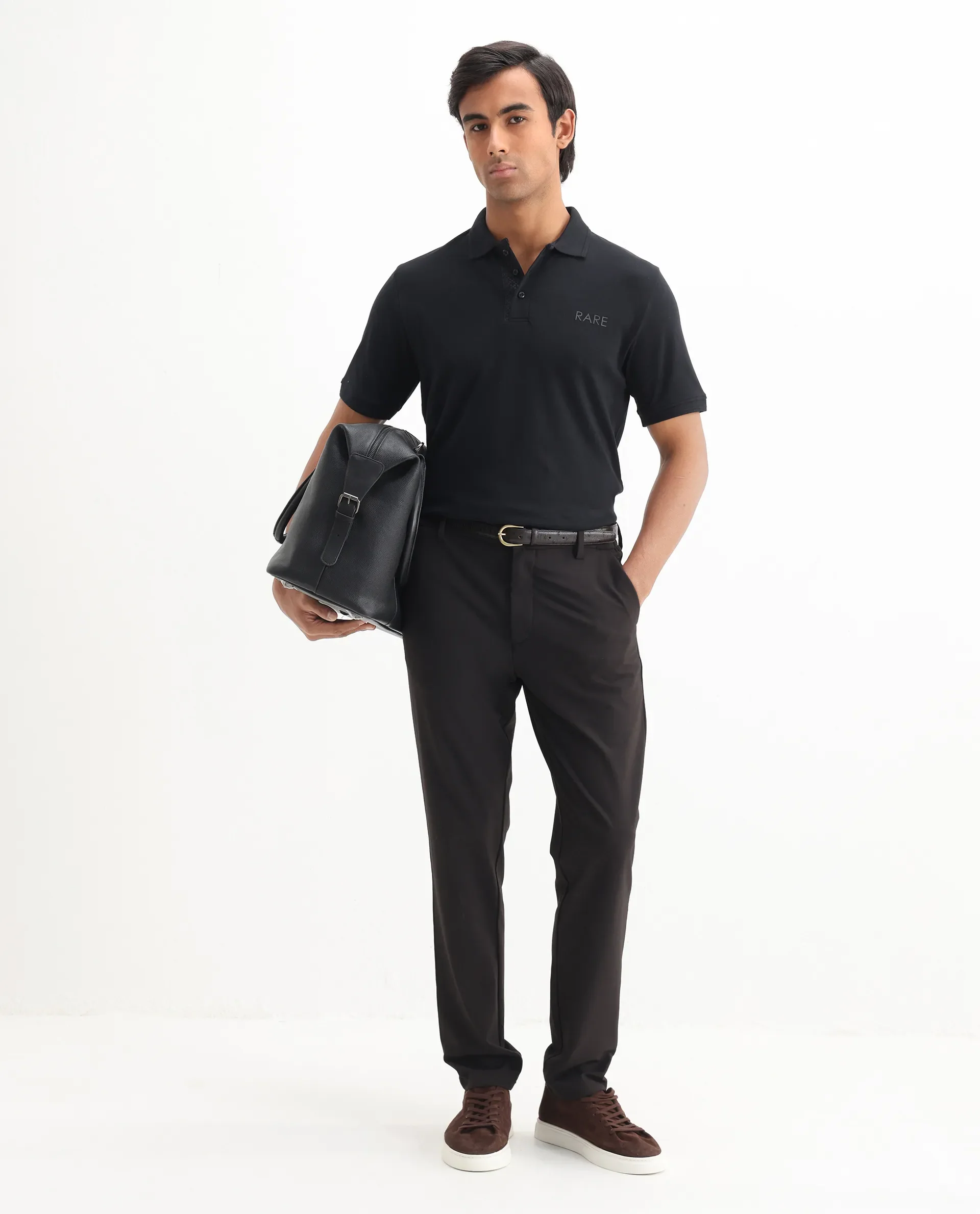 Rare Rabbit Men's Laur Black Cotton Plain Regular Fit Half Sleeve Polo - Image 2