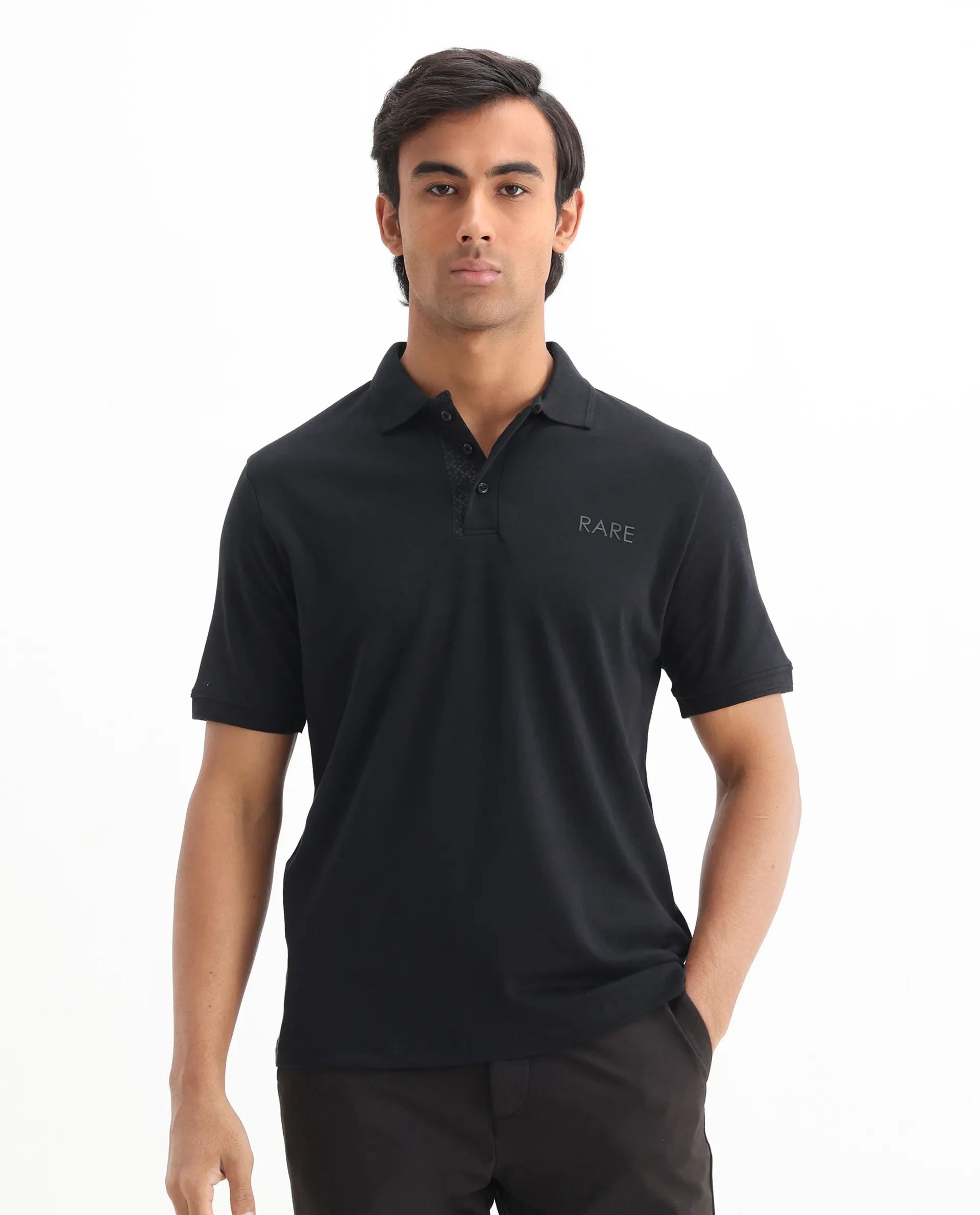 Rare Rabbit Men's Laur Black Cotton Plain Regular Fit Half Sleeve Polo - Image 3