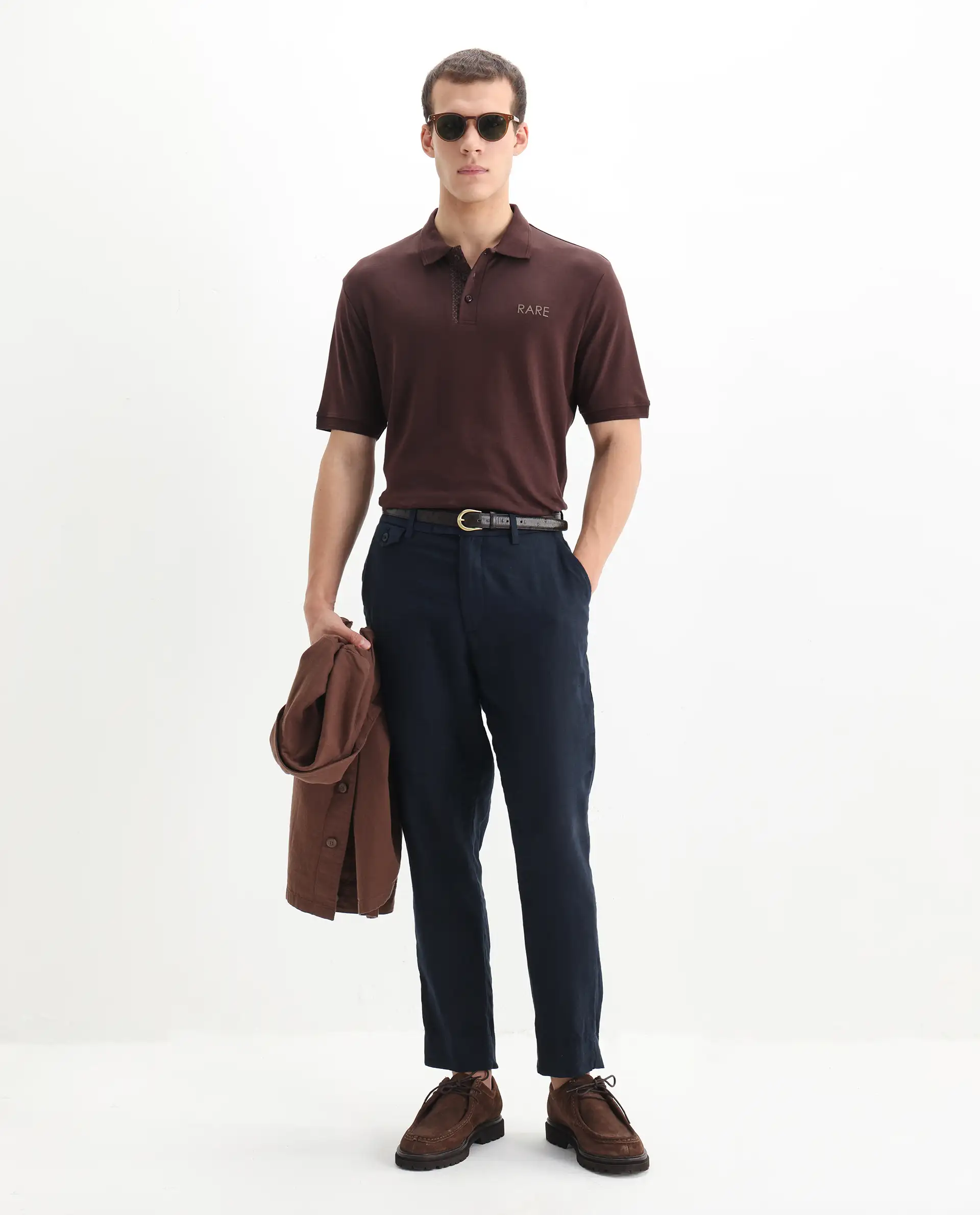 Rare Rabbit Men's Laur Dark Brown Cotton Plain Regular Fit Half Sleeve Polo - Image 2