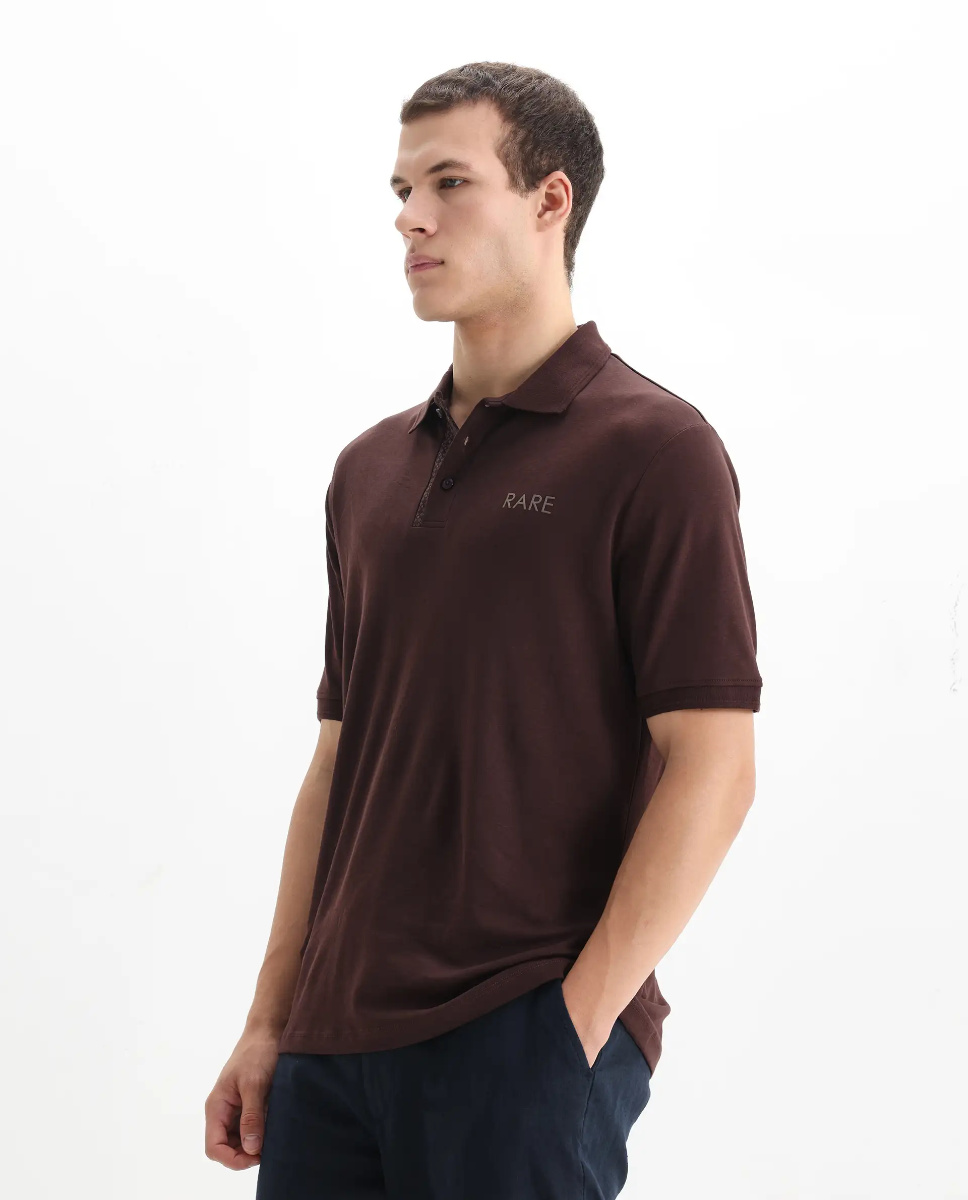 Rare Rabbit Men's Laur Dark Brown Cotton Plain Regular Fit Half Sleeve Polo - Image 4