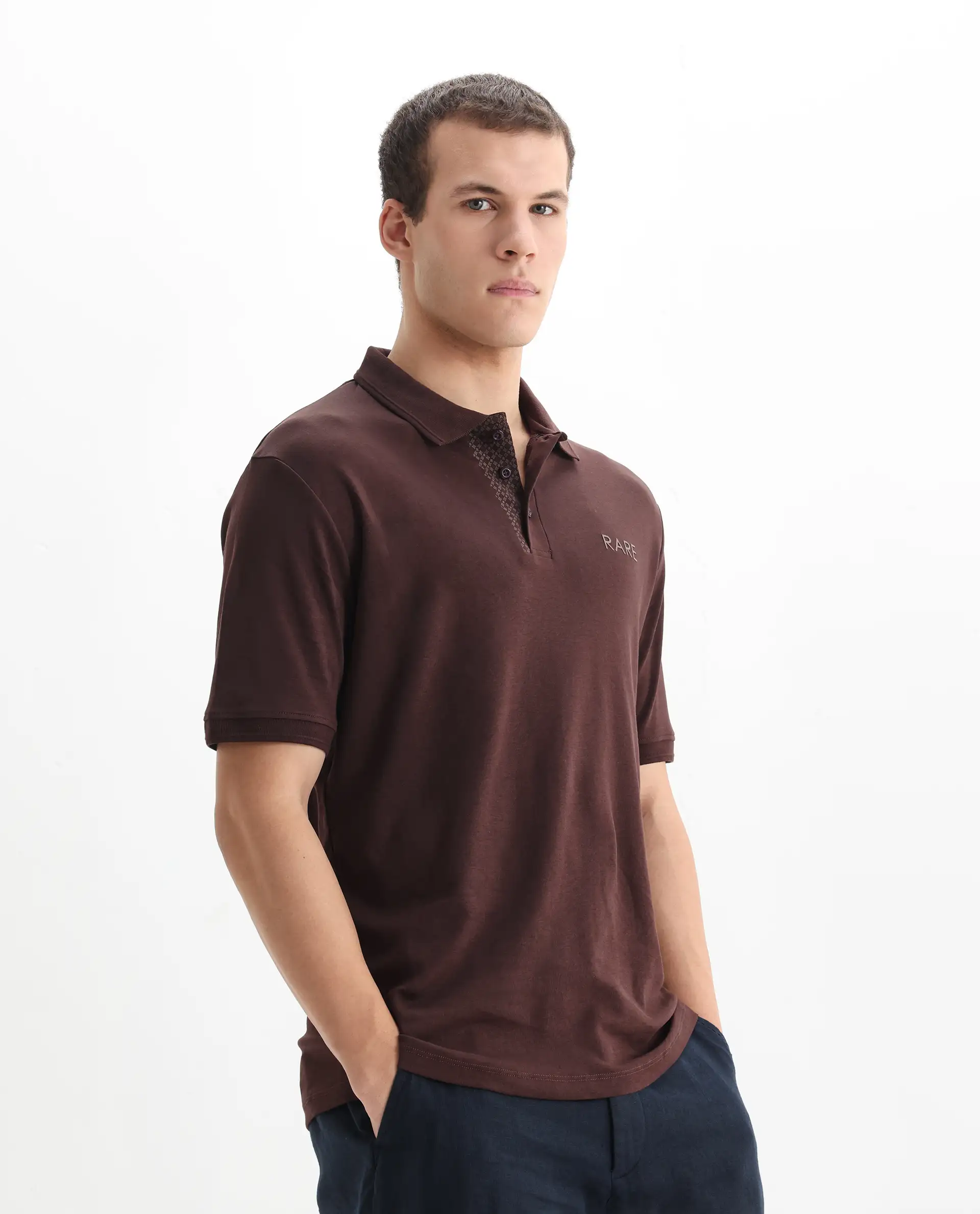 Rare Rabbit Men's Laur Dark Brown Cotton Plain Regular Fit Half Sleeve Polo - Image 5