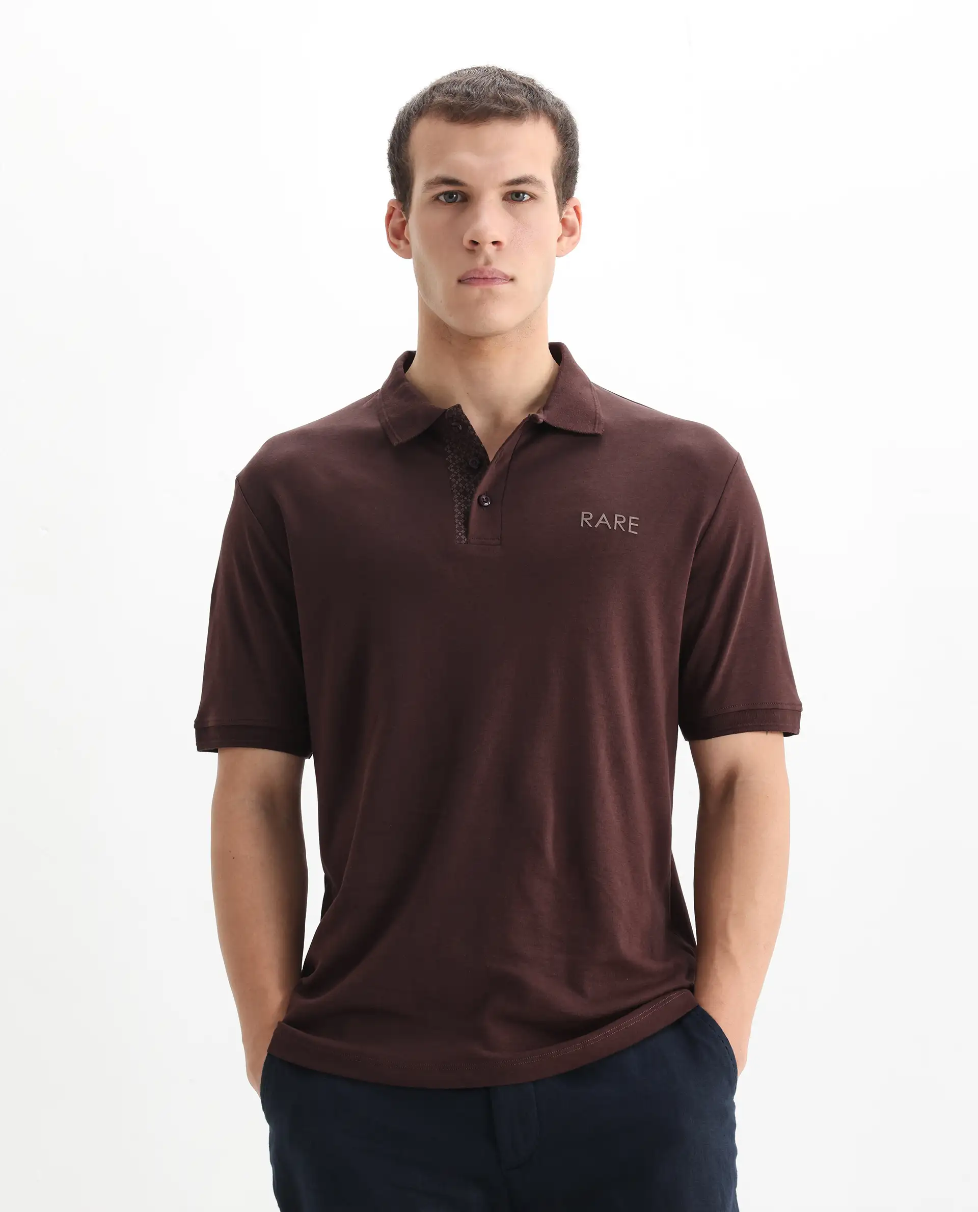 Rare Rabbit Men's Laur Dark Brown Cotton Plain Regular Fit Half Sleeve Polo - Image 6