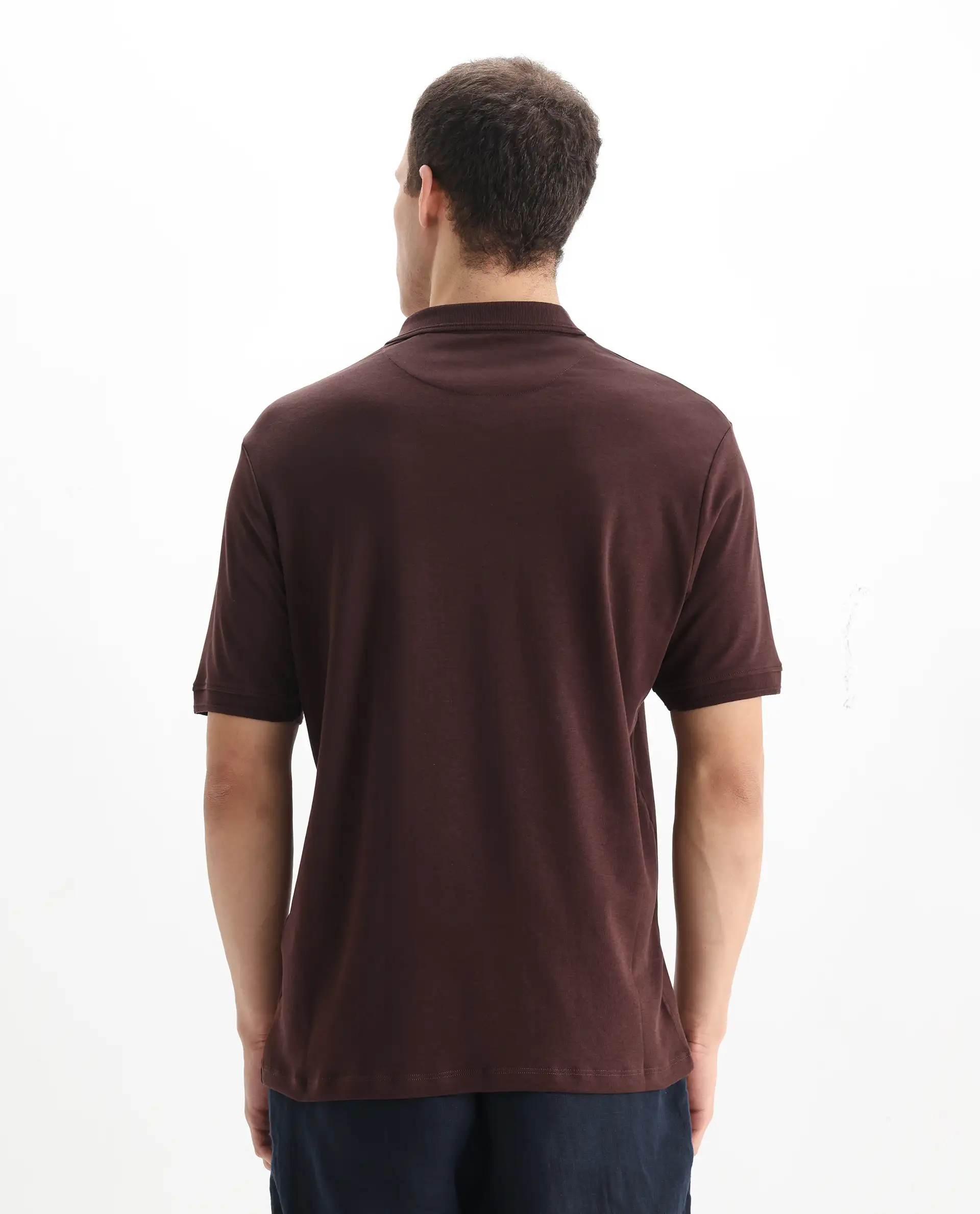 Rare Rabbit Men's Laur Dark Brown Cotton Plain Regular Fit Half Sleeve Polo - Image 7
