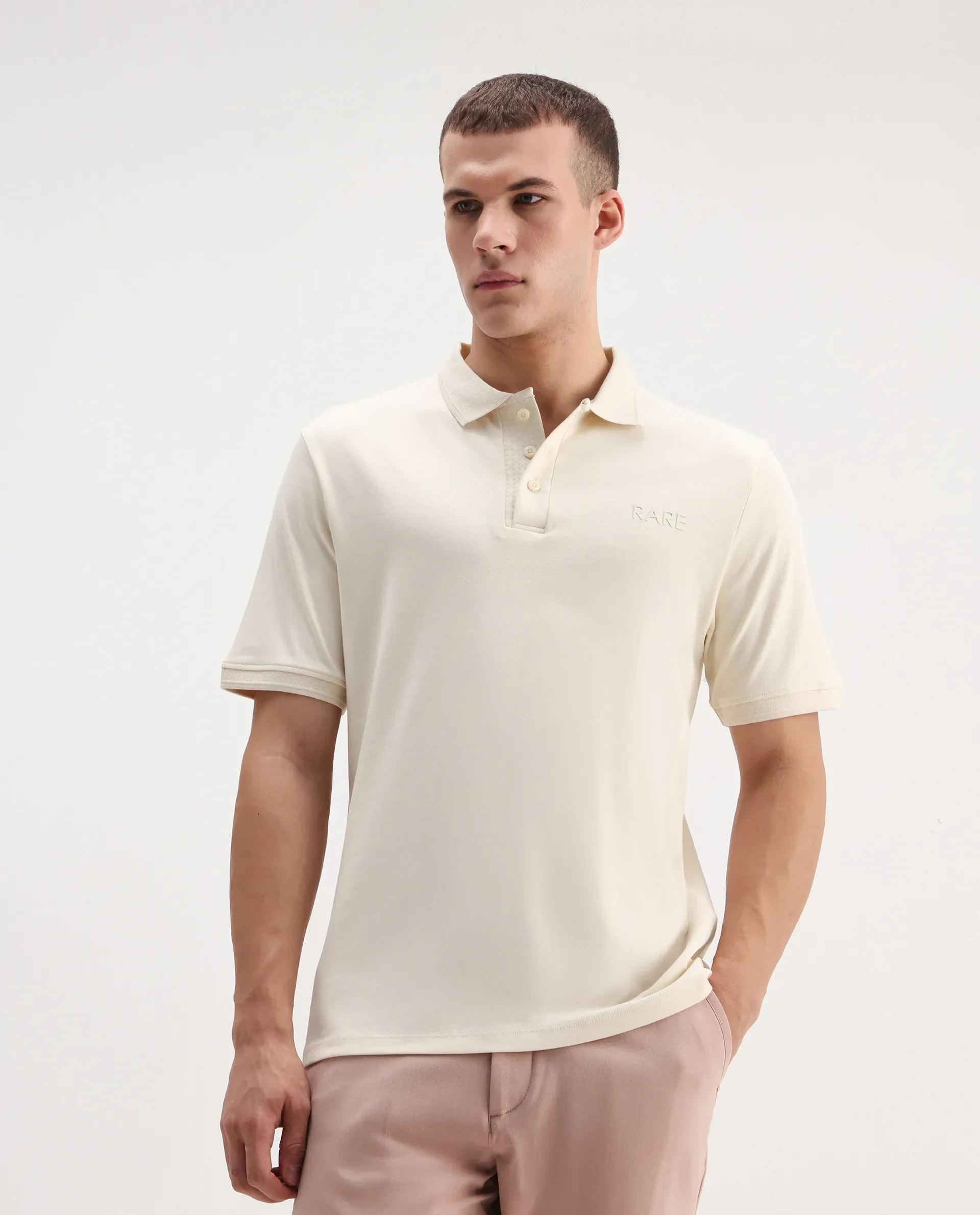 Rare Rabbit Men's Laur Off White Cotton Plain Regular Fit Half Sleeve Polo - Image 4