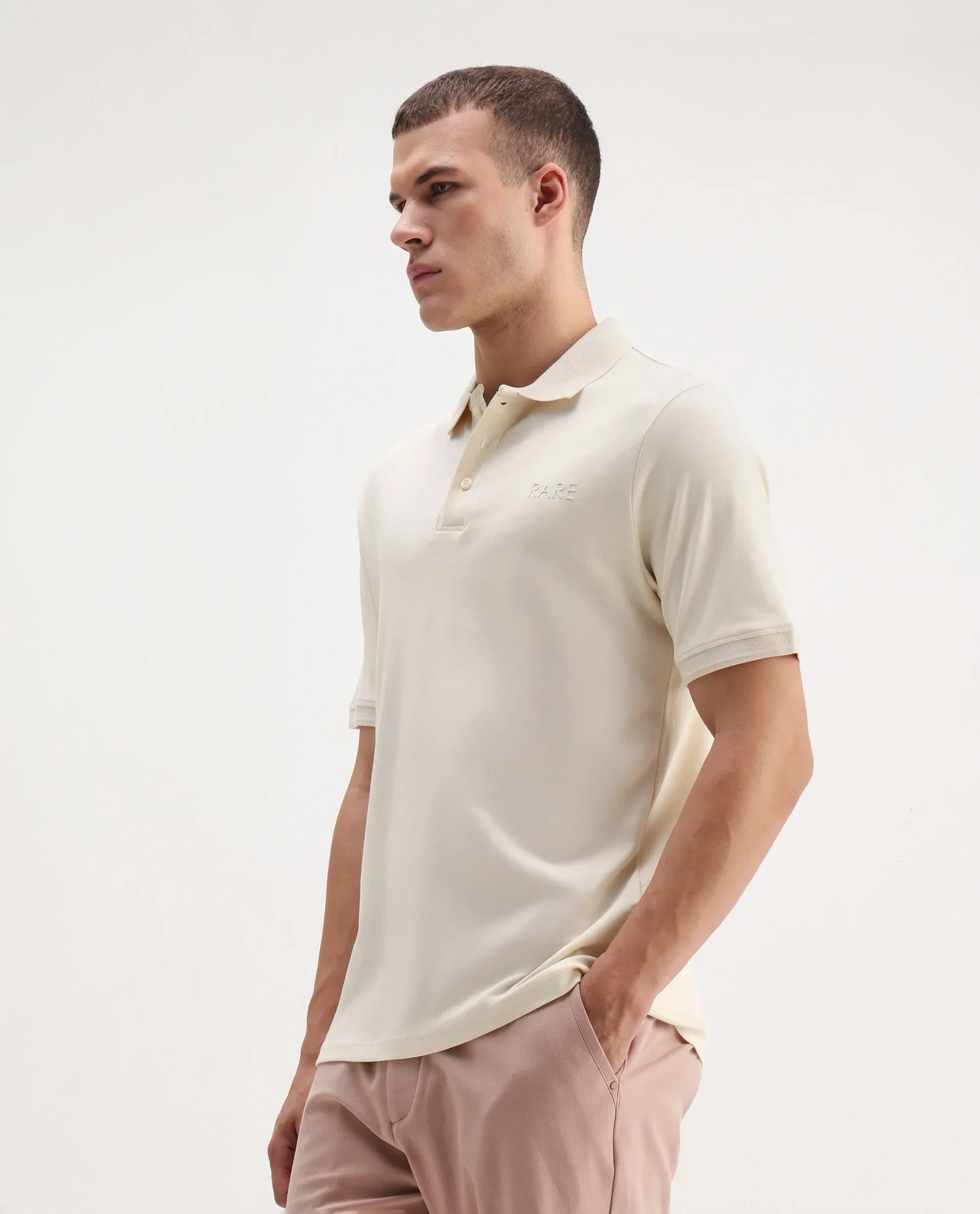 Rare Rabbit Men's Laur Off White Cotton Plain Regular Fit Half Sleeve Polo - Image 5