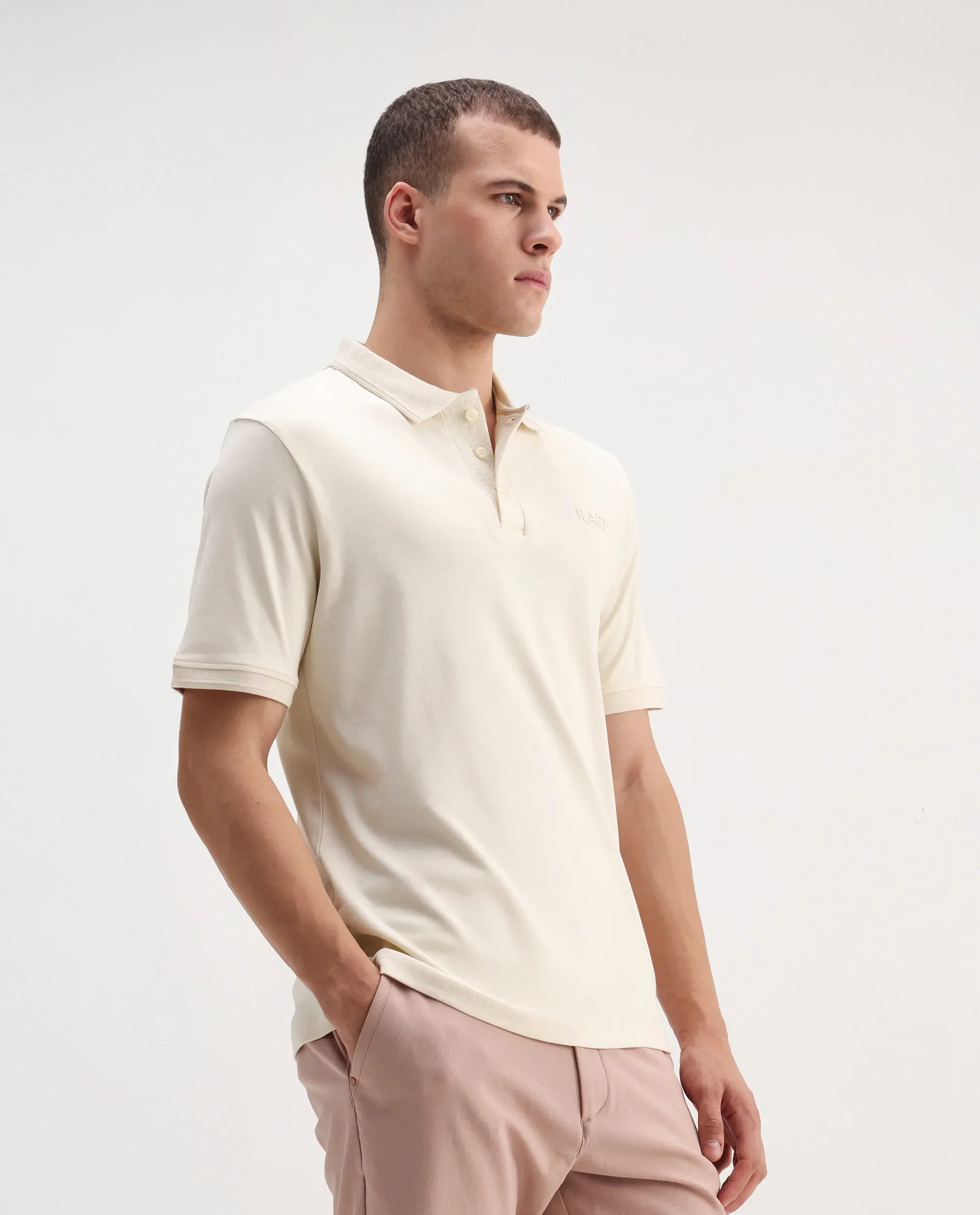 Rare Rabbit Men's Laur Off White Cotton Plain Regular Fit Half Sleeve Polo - Image 6