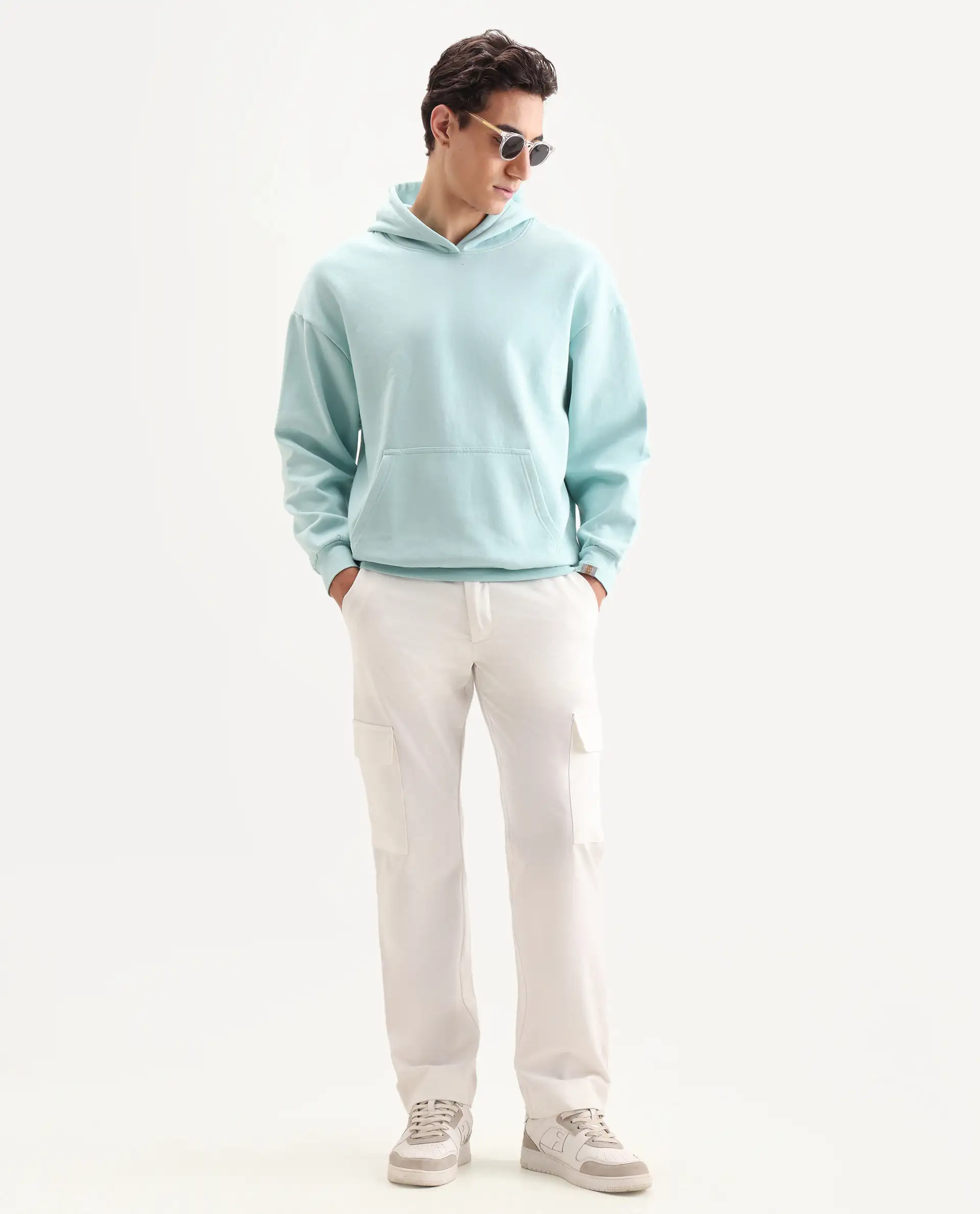 Rare Rabbit Men's Laurl Light Turq Cotton Blend Typography Print Boxy Fit Full Sleeve Hooded Sweatshirt - Image 2