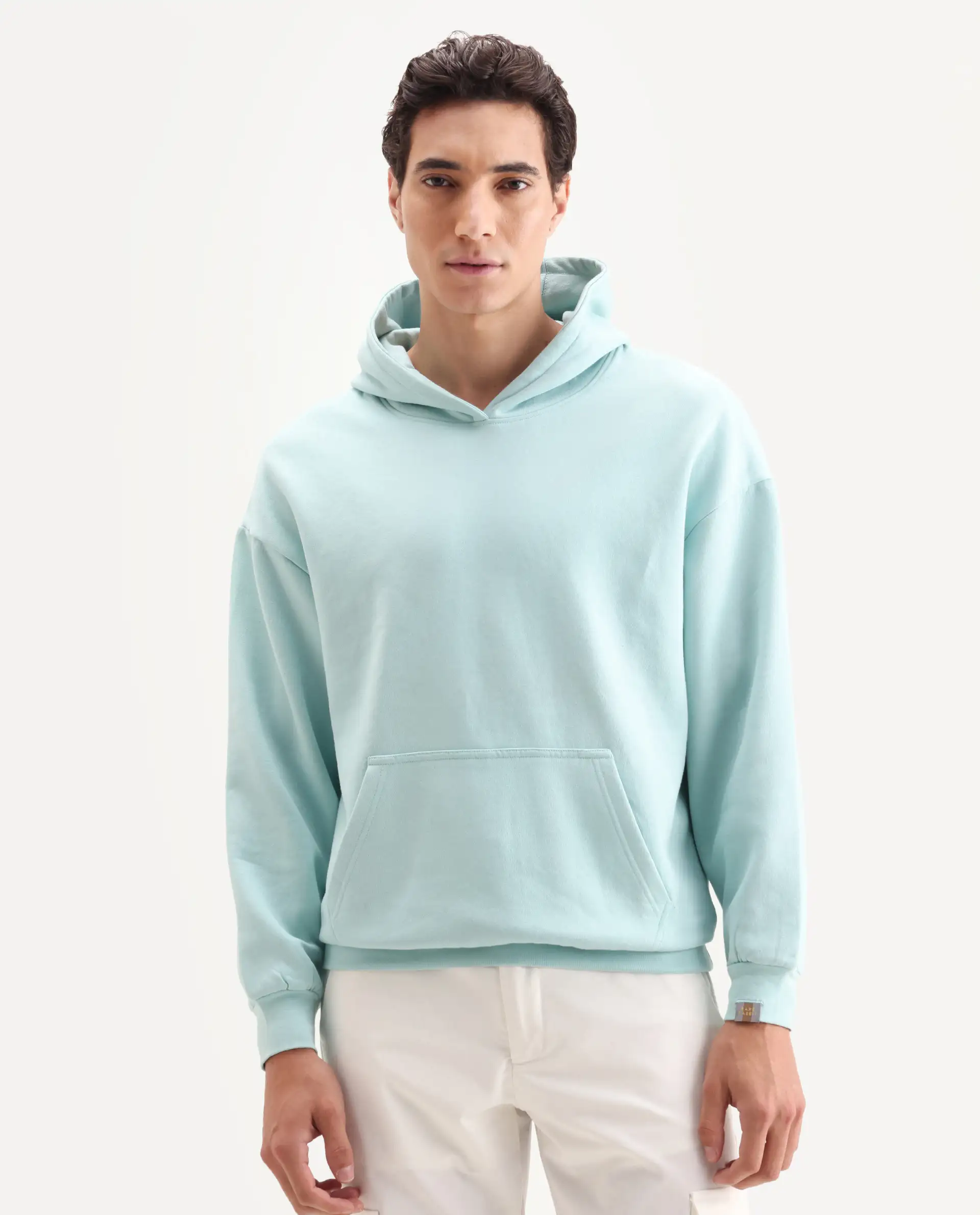 Rare Rabbit Men's Laurl Light Turq Cotton Blend Typography Print Boxy Fit Full Sleeve Hooded Sweatshirt - Image 3