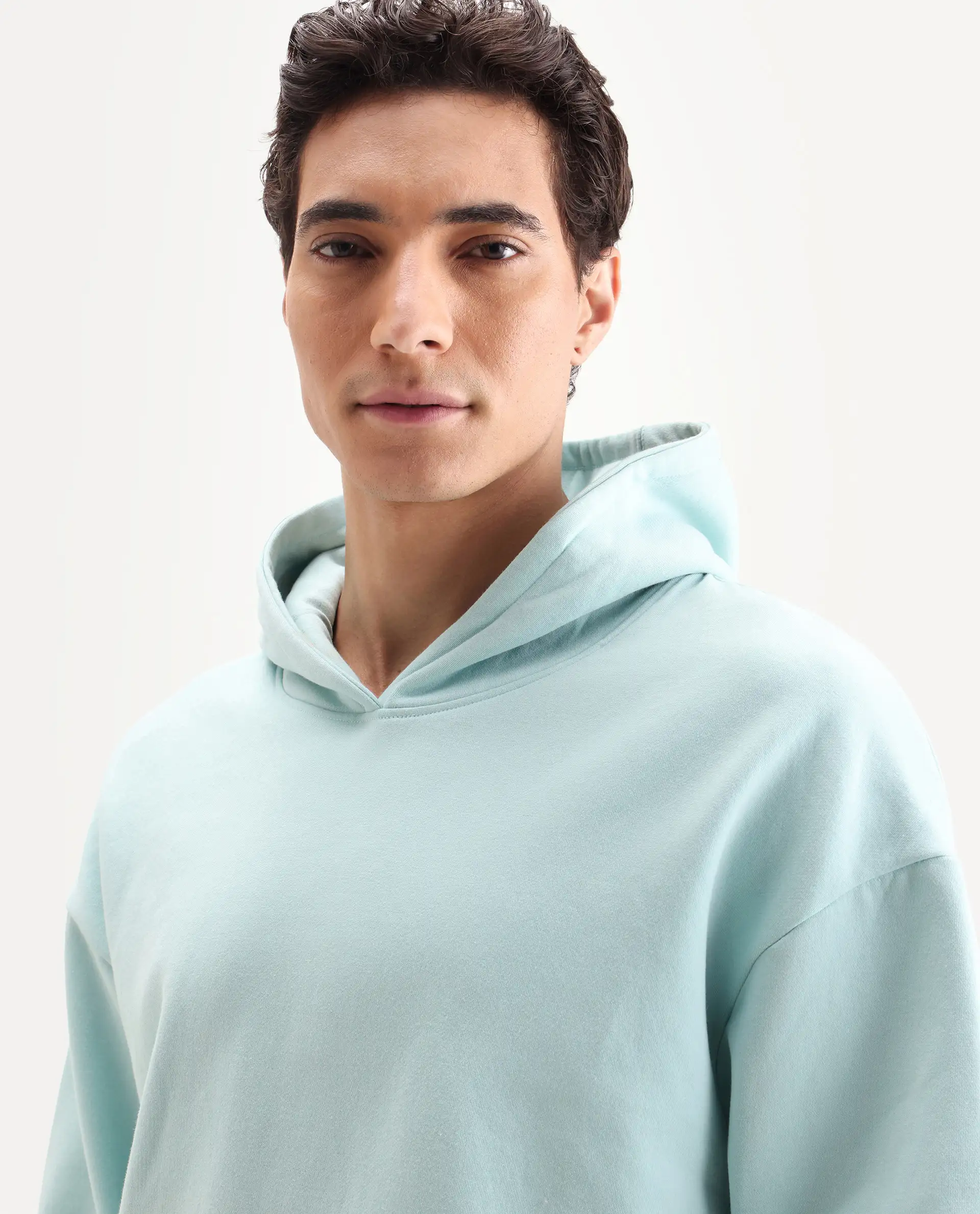 Rare Rabbit Men's Laurl Light Turq Cotton Blend Typography Print Boxy Fit Full Sleeve Hooded Sweatshirt - Image 4