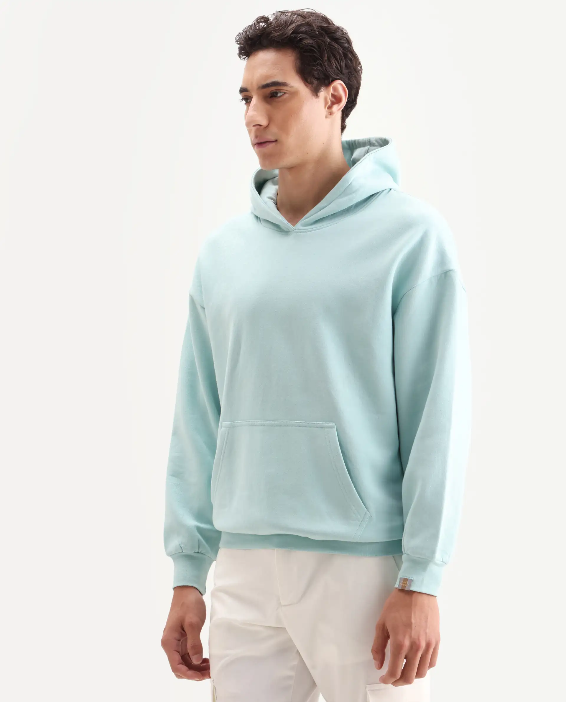 Rare Rabbit Men's Laurl Light Turq Cotton Blend Typography Print Boxy Fit Full Sleeve Hooded Sweatshirt - Image 5
