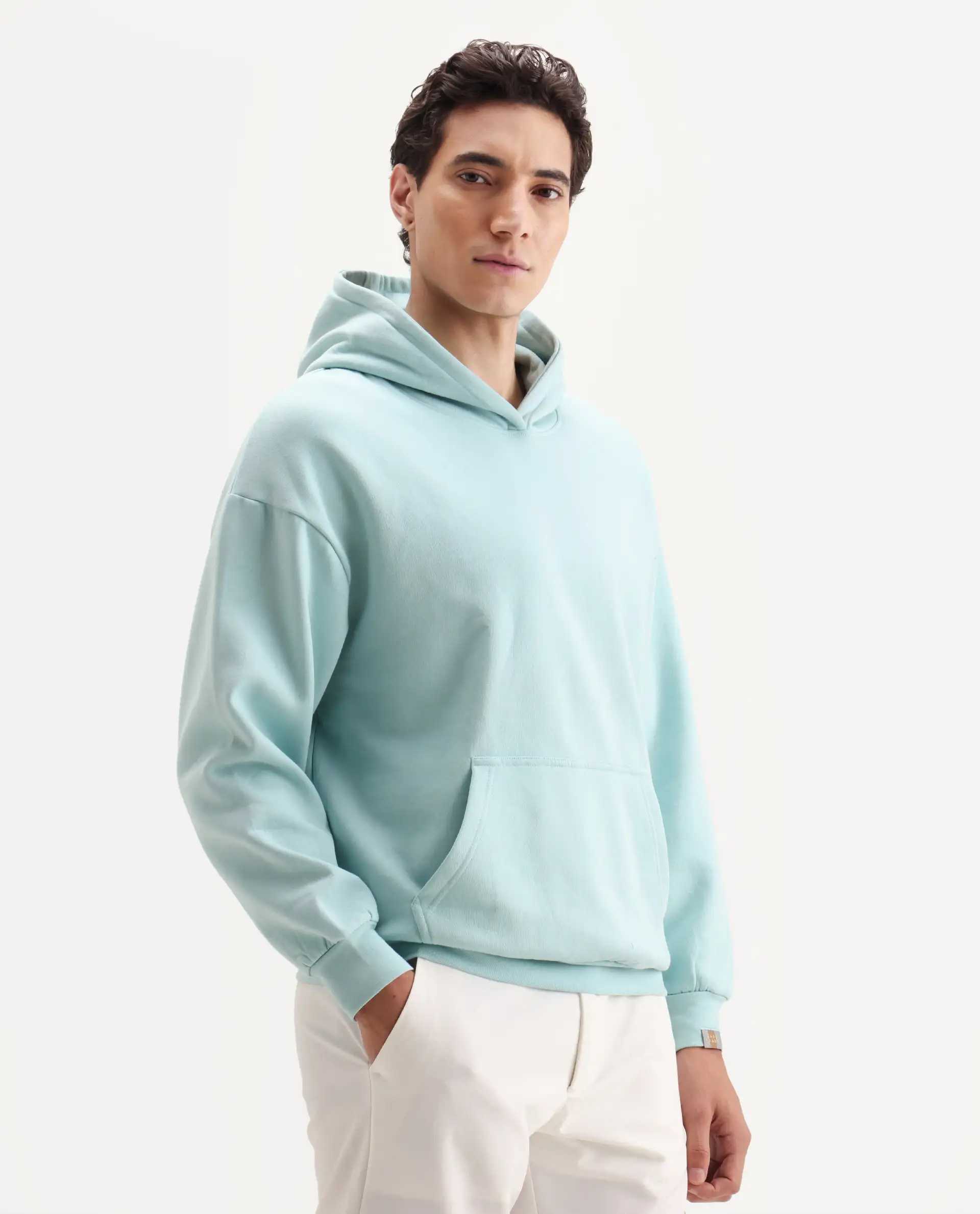 Rare Rabbit Men's Laurl Light Turq Cotton Blend Typography Print Boxy Fit Full Sleeve Hooded Sweatshirt - Image 6