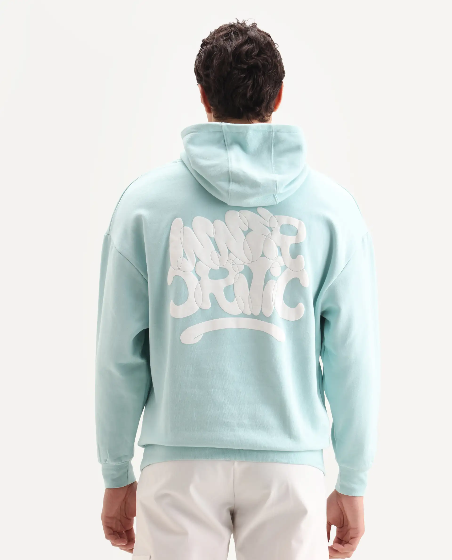Rare Rabbit Men's Laurl Light Turq Cotton Blend Typography Print Boxy Fit Full Sleeve Hooded Sweatshirt - Image 7