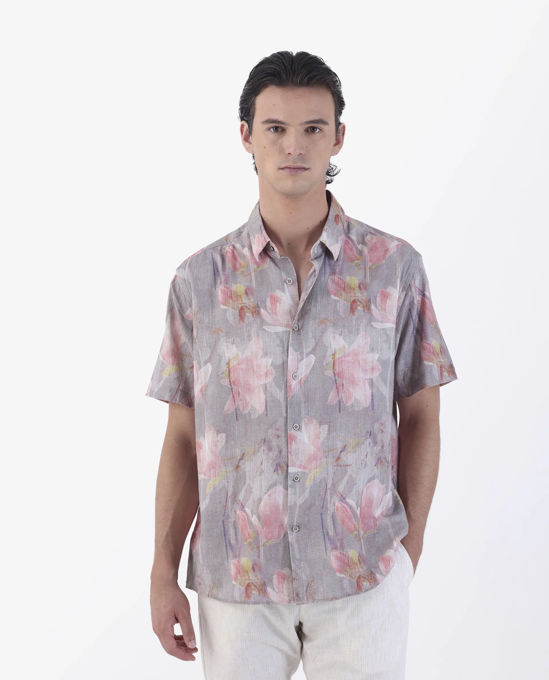 Rare Rabbit Men's Lavaj Grey 100% Linen Regular Fit Half Sleeve Spread Collar Shirt - Image 2
