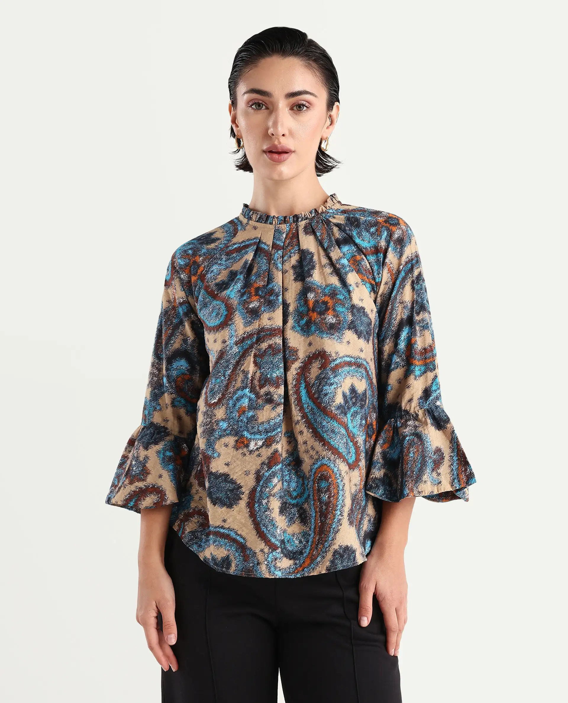 Rareism Women's Lavand Multi Nylon Blend Sweetheart Neck Paisley Print Raglan Sleeve Regular Fit Top - Image 4
