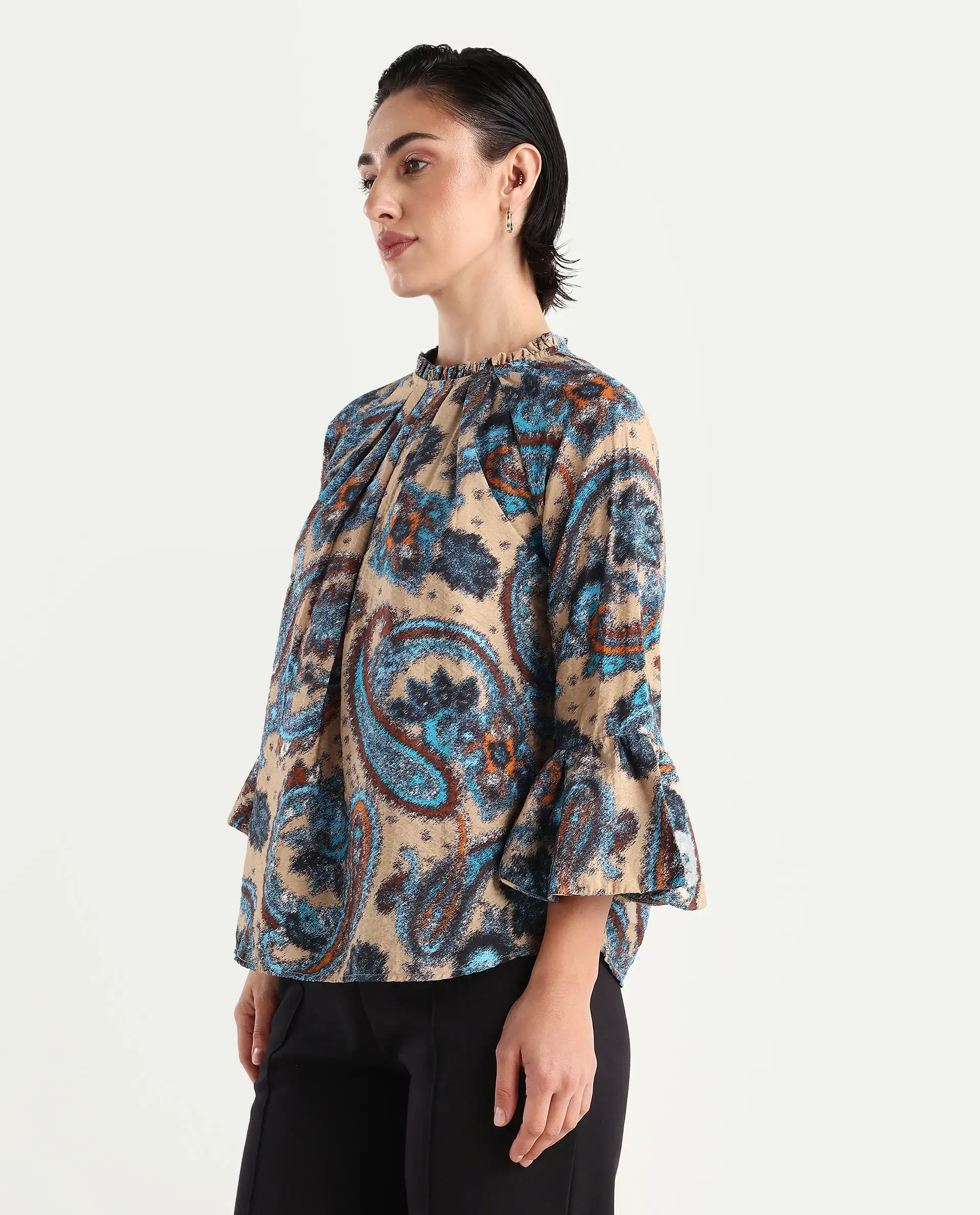 Rareism Women's Lavand Multi Nylon Blend Sweetheart Neck Paisley Print Raglan Sleeve Regular Fit Top - Image 5